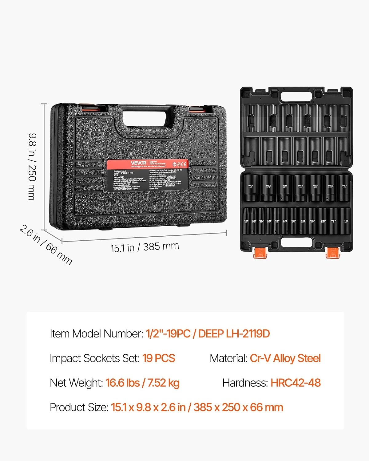 image:imageVEVOR Impact Socket Set 12 19 Piece Impact Sockets Deep Socket 6Point Sockets 12 Drive Set 38 to 112 CrV Rugged Construction Easy to Identify with a Sturdy Storage Case for Vehicles