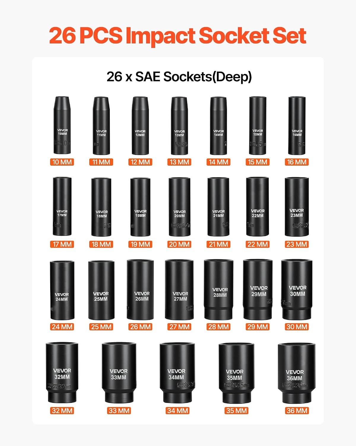 image:imageVEVOR Impact Socket Set 12 Drive 26Piece Impact Sockets 6Point Sockets Metric 1030 mm 3236 mm Easy to Identify with a Sturdy Storage Case CrV Alloy Steel Structure for Vehicles Repair