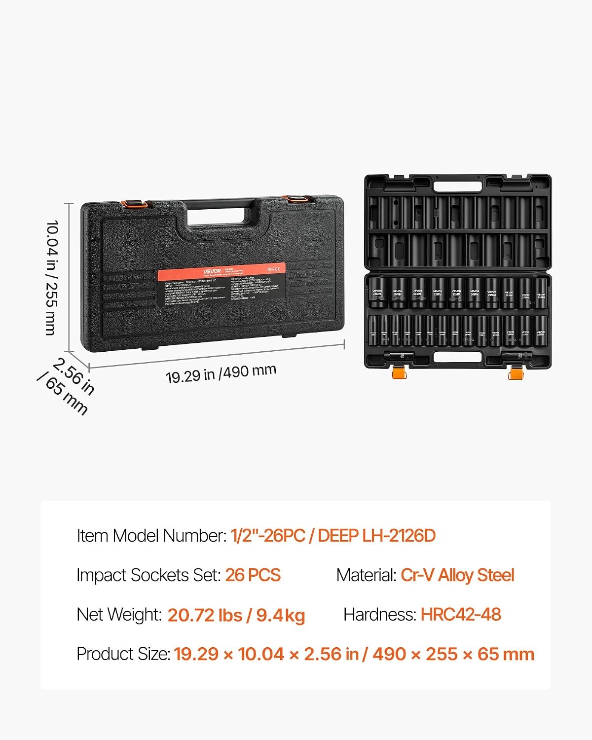 image:imageVEVOR Impact Socket Set 12 Drive 26Piece Impact Sockets 6Point Sockets Metric 1030 mm 3236 mm Easy to Identify with a Sturdy Storage Case CrV Alloy Steel Structure for Vehicles Repair