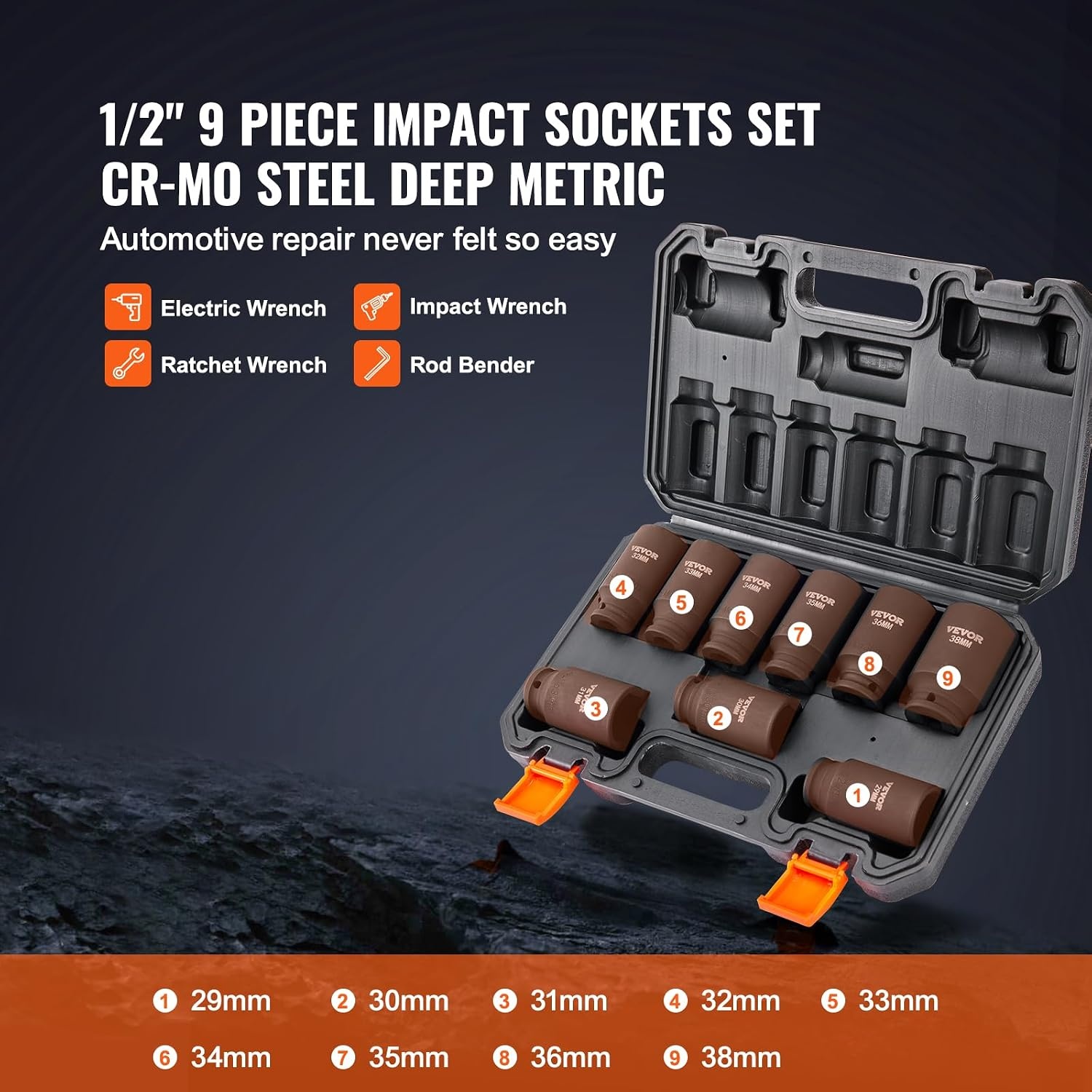 image:imageVEVOR Impact Socket Set 130 Piece 38 amp 12 SAE amp Metric Drive Socket Set 6 Point CrMo Alloy Steel for Auto Repair EasytoRead Size Markings Includes Storage Case12 9PCS CRMO