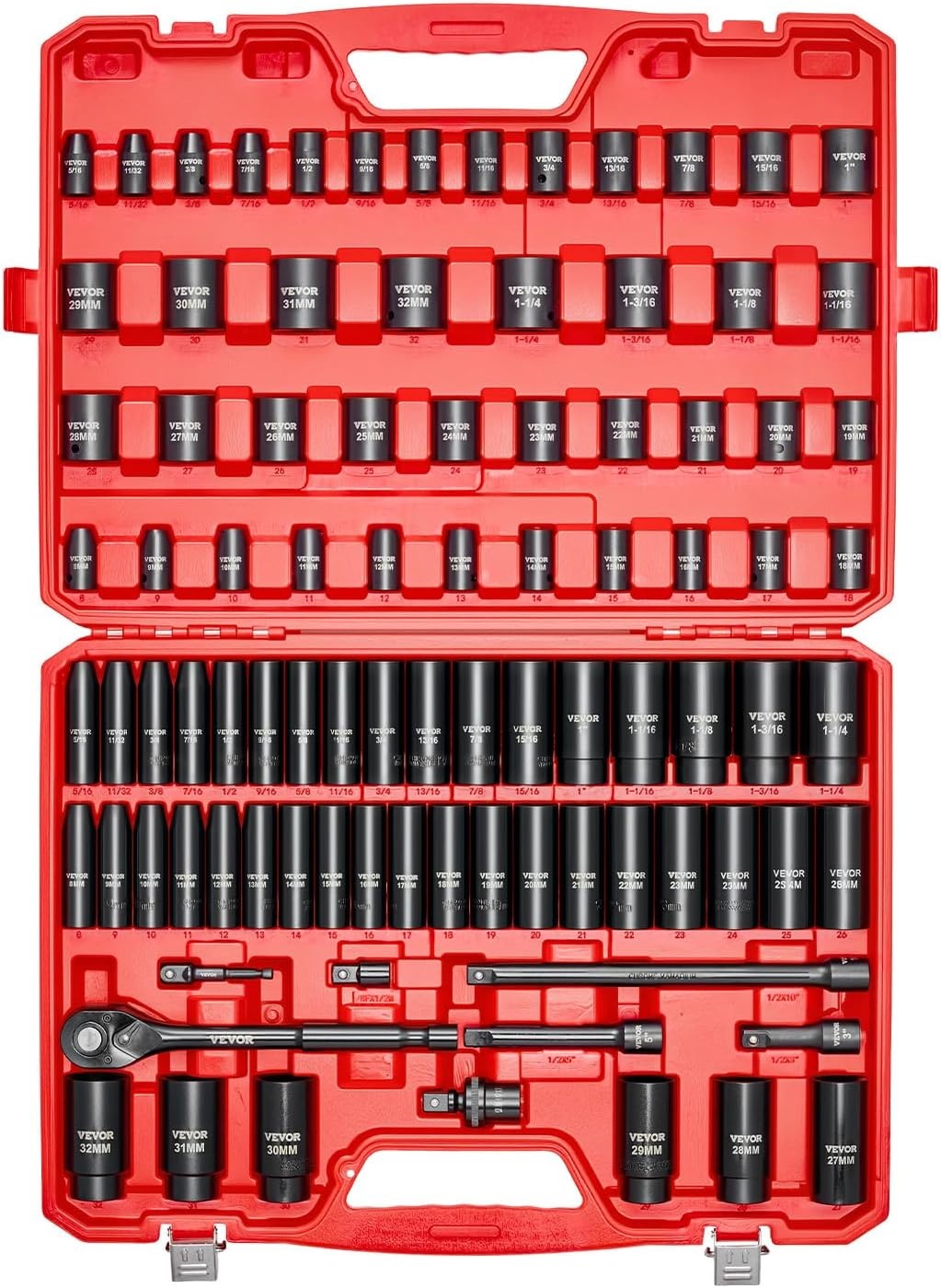 image:imageVEVOR Impact Socket Set 130 Piece 38 amp 12 SAE amp Metric Drive Socket Set 6 Point CrMo Alloy Steel for Auto Repair EasytoRead Size Markings Includes Storage Case12 91 PCS