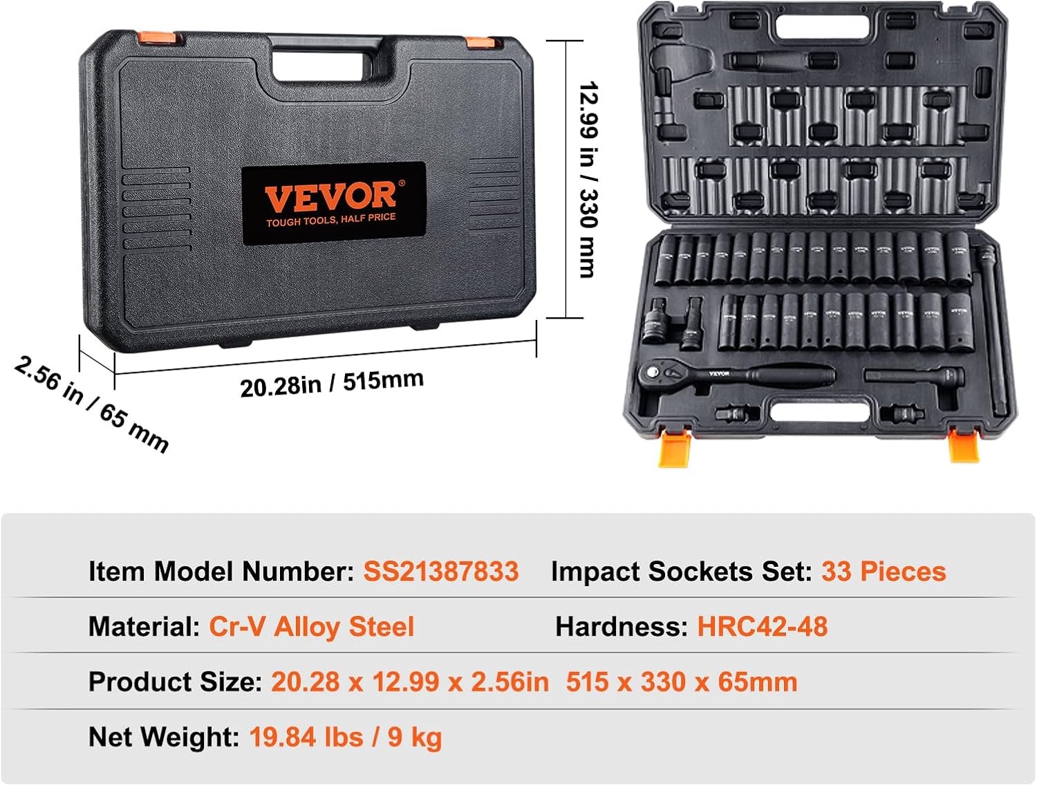 image:imageVEVOR Impact Socket Set 130 Piece 38 amp 12 SAE amp Metric Drive Socket Set 6 Point CrMo Alloy Steel for Auto Repair EasytoRead Size Markings Includes Storage Case12 33PCS