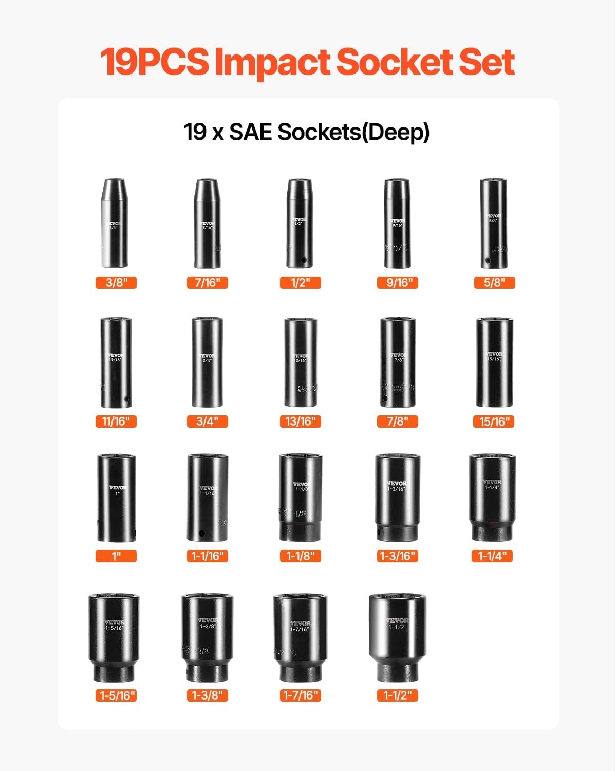image:imageVEVOR Impact Socket Set 130 Piece 38 amp 12 SAE amp Metric Drive Socket Set 6 Point CrMo Alloy Steel for Auto Repair EasytoRead Size Markings Includes Storage Case12 19PCS