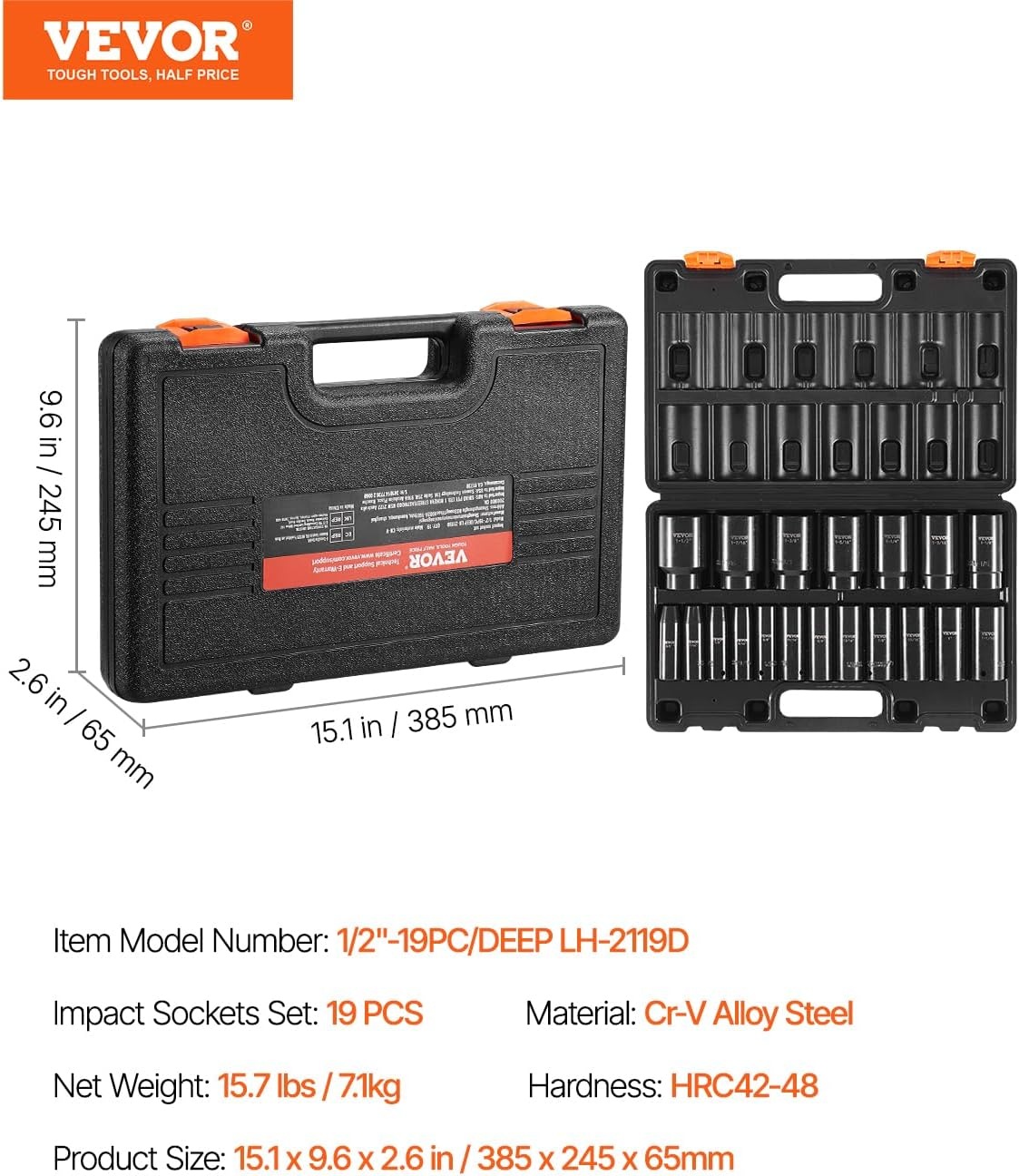 image:imageVEVOR Impact Socket Set 130 Piece 38 amp 12 SAE amp Metric Drive Socket Set 6 Point CrMo Alloy Steel for Auto Repair EasytoRead Size Markings Includes Storage Case12 19PCS