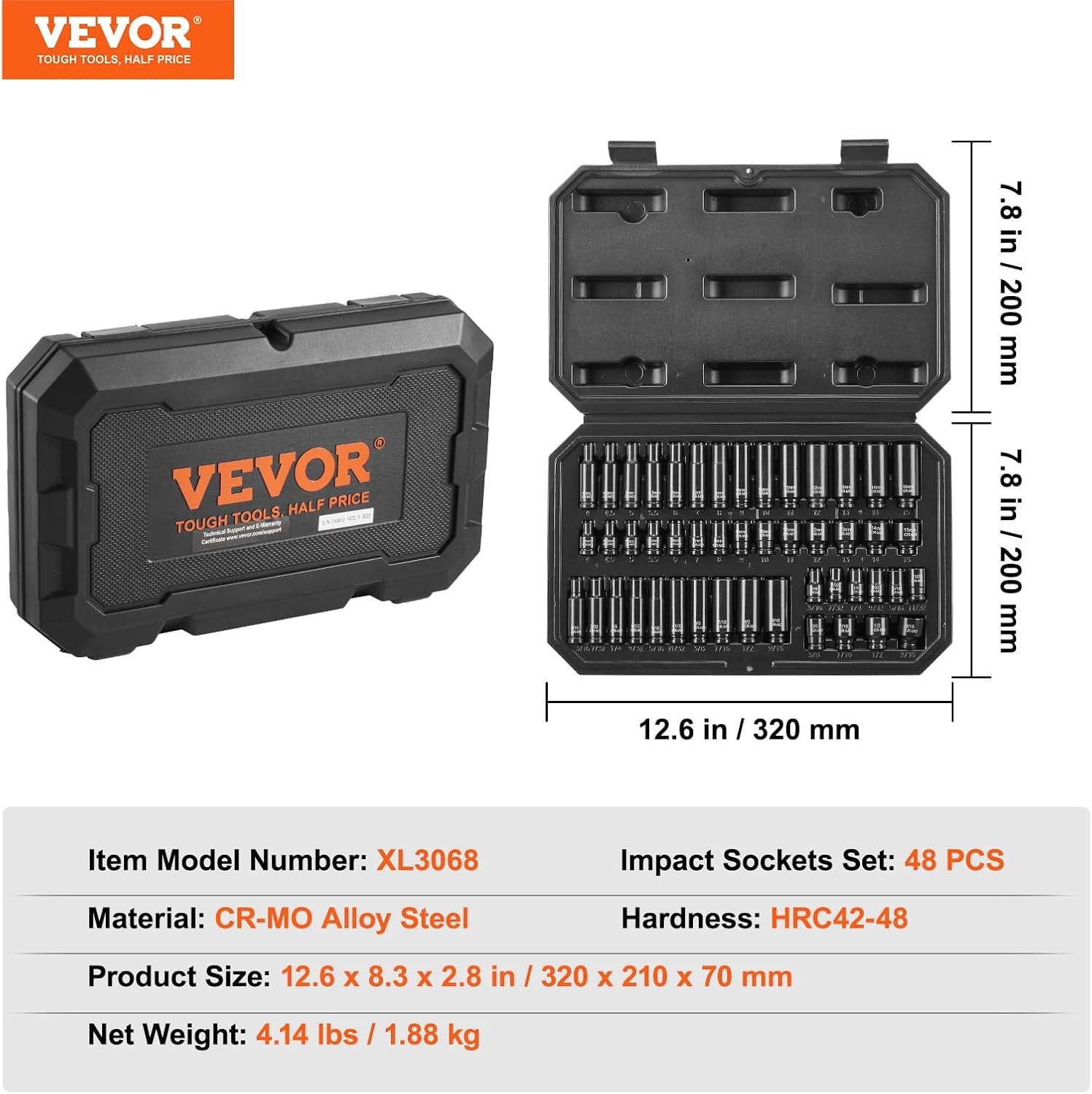 image:imageVEVOR Impact Socket Set 130 Piece 38 amp 12 SAE amp Metric Drive Socket Set 6 Point CrMo Alloy Steel for Auto Repair EasytoRead Size Markings Includes Storage Case14 48PCS CRMO