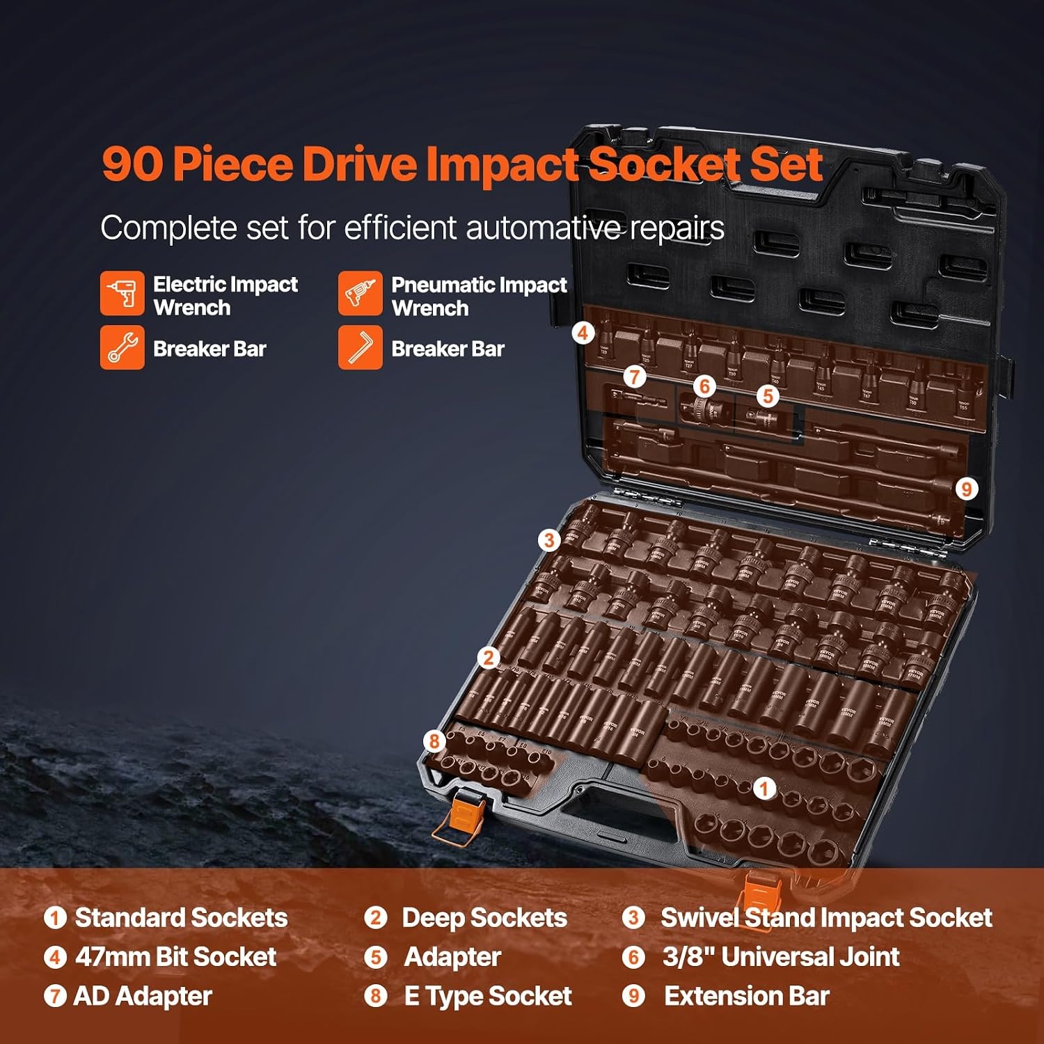 image:imageVEVOR Impact Socket Set 130 Piece 38 amp 12 SAE amp Metric Drive Socket Set 6 Point CrMo Alloy Steel for Auto Repair EasytoRead Size Markings Includes Storage Case38 90PCS Swivel CRMO