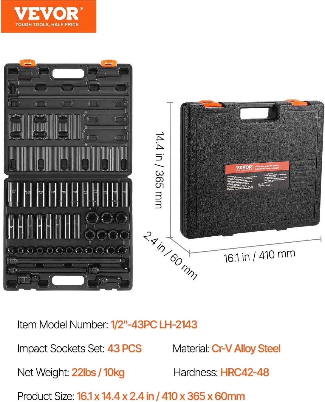 image:imageVEVOR Impact Socket Set 130 Piece 38 amp 12 SAE amp Metric Drive Socket Set 6 Point CrMo Alloy Steel for Auto Repair EasytoRead Size Markings Includes Storage Case12 43PCS