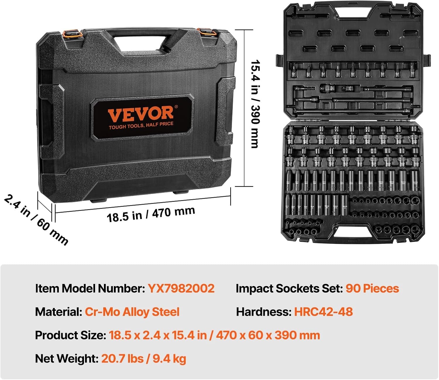image:imageVEVOR Impact Socket Set 130 Piece 38 amp 12 SAE amp Metric Drive Socket Set 6 Point CrMo Alloy Steel for Auto Repair EasytoRead Size Markings Includes Storage Case38 90PCS Swivel CRMO