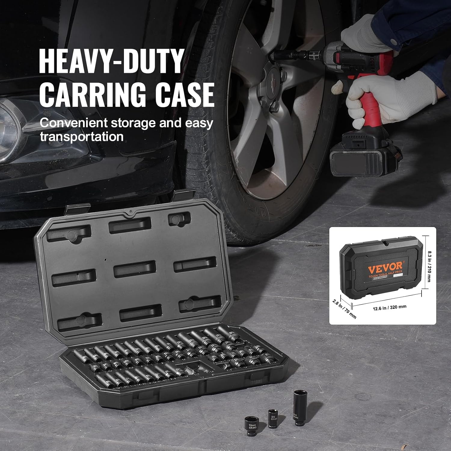 image:imageVEVOR Impact Socket Set 130 Piece 38 amp 12 SAE amp Metric Drive Socket Set 6 Point CrMo Alloy Steel for Auto Repair EasytoRead Size Markings Includes Storage Case14 48PCS CRMO