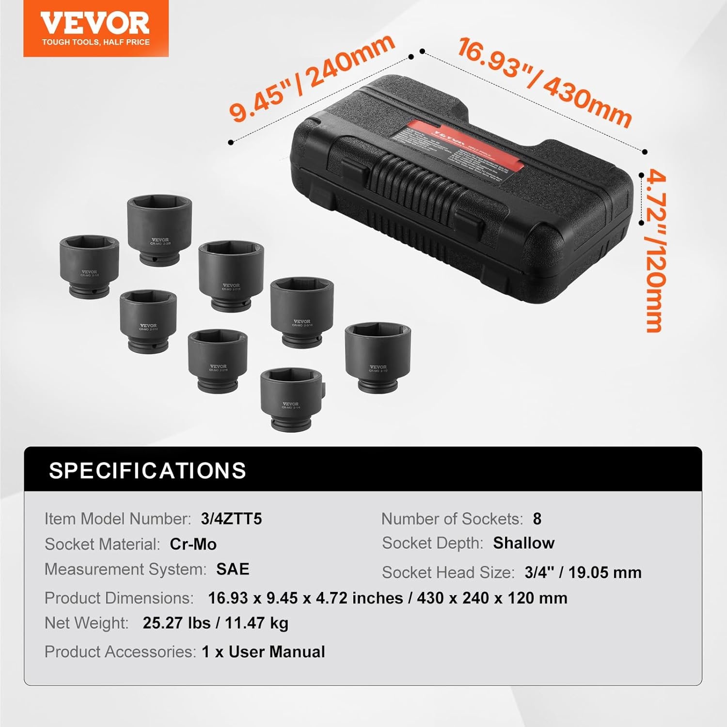 image:imageVEVOR Impact Socket Set 130 Piece 38 amp 12 SAE amp Metric Drive Socket Set 6 Point CrMo Alloy Steel for Auto Repair EasytoRead Size Markings Includes Storage Case34 8PCS CRMO