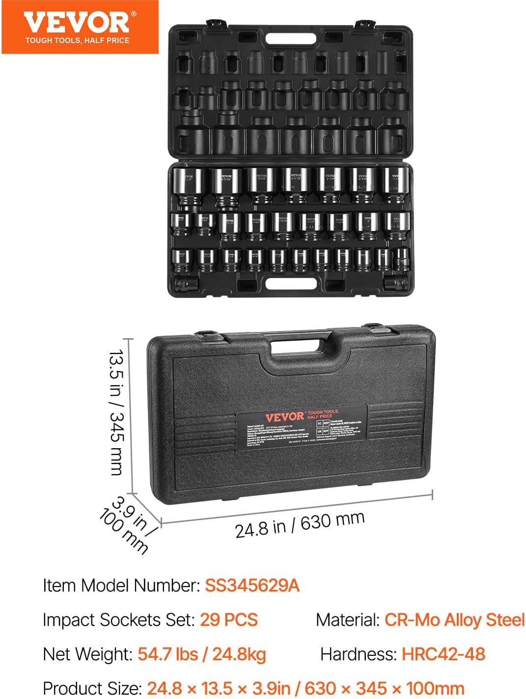 image:imageVEVOR Impact Socket Set 130 Piece 38 amp 12 SAE amp Metric Drive Socket Set 6 Point CrMo Alloy Steel for Auto Repair EasytoRead Size Markings Includes Storage Case34 29PCS CRMO