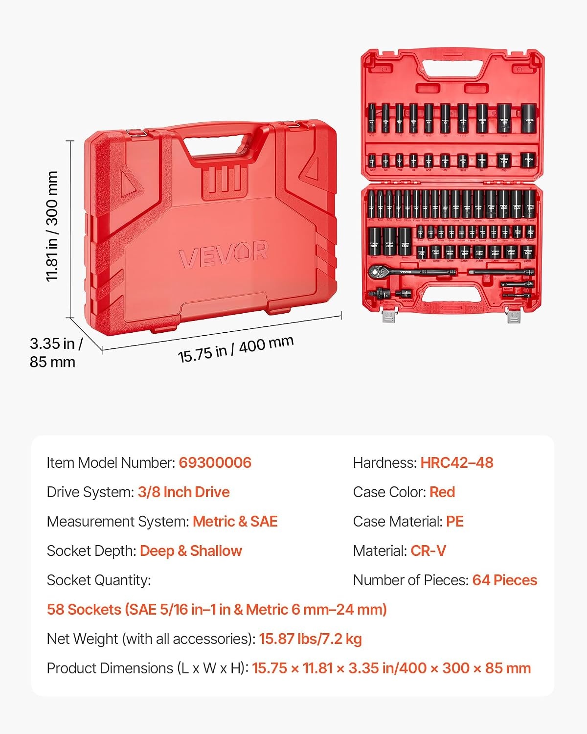image:imageVEVOR Impact Socket Set 130 Piece 38 amp 12 SAE amp Metric Drive Socket Set 6 Point CrMo Alloy Steel for Auto Repair EasytoRead Size Markings Includes Storage Case38 64 PCS