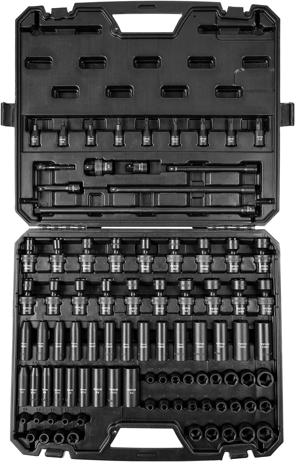 image:imageVEVOR Impact Socket Set 130 Piece 38 amp 12 SAE amp Metric Drive Socket Set 6 Point CrMo Alloy Steel for Auto Repair EasytoRead Size Markings Includes Storage Case38 90PCS Swivel CRMO