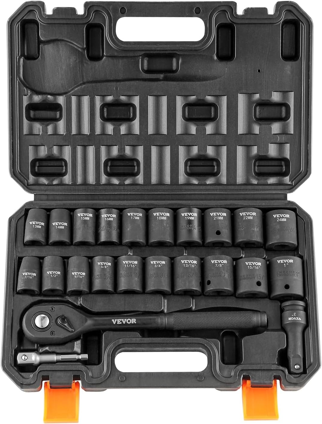 image:imageVEVOR Impact Socket Set 130 Piece 38 amp 12 SAE amp Metric Drive Socket Set 6 Point CrMo Alloy Steel for Auto Repair EasytoRead Size Markings Includes Storage Case12 23PCS