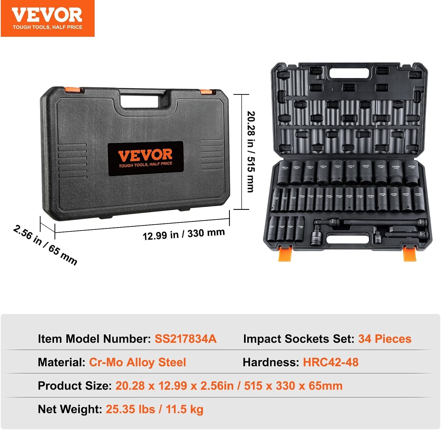 image:imageVEVOR Impact Socket Set 130 Piece 38 amp 12 SAE amp Metric Drive Socket Set 6 Point CrMo Alloy Steel for Auto Repair EasytoRead Size Markings Includes Storage Case12 34PCS CRMO