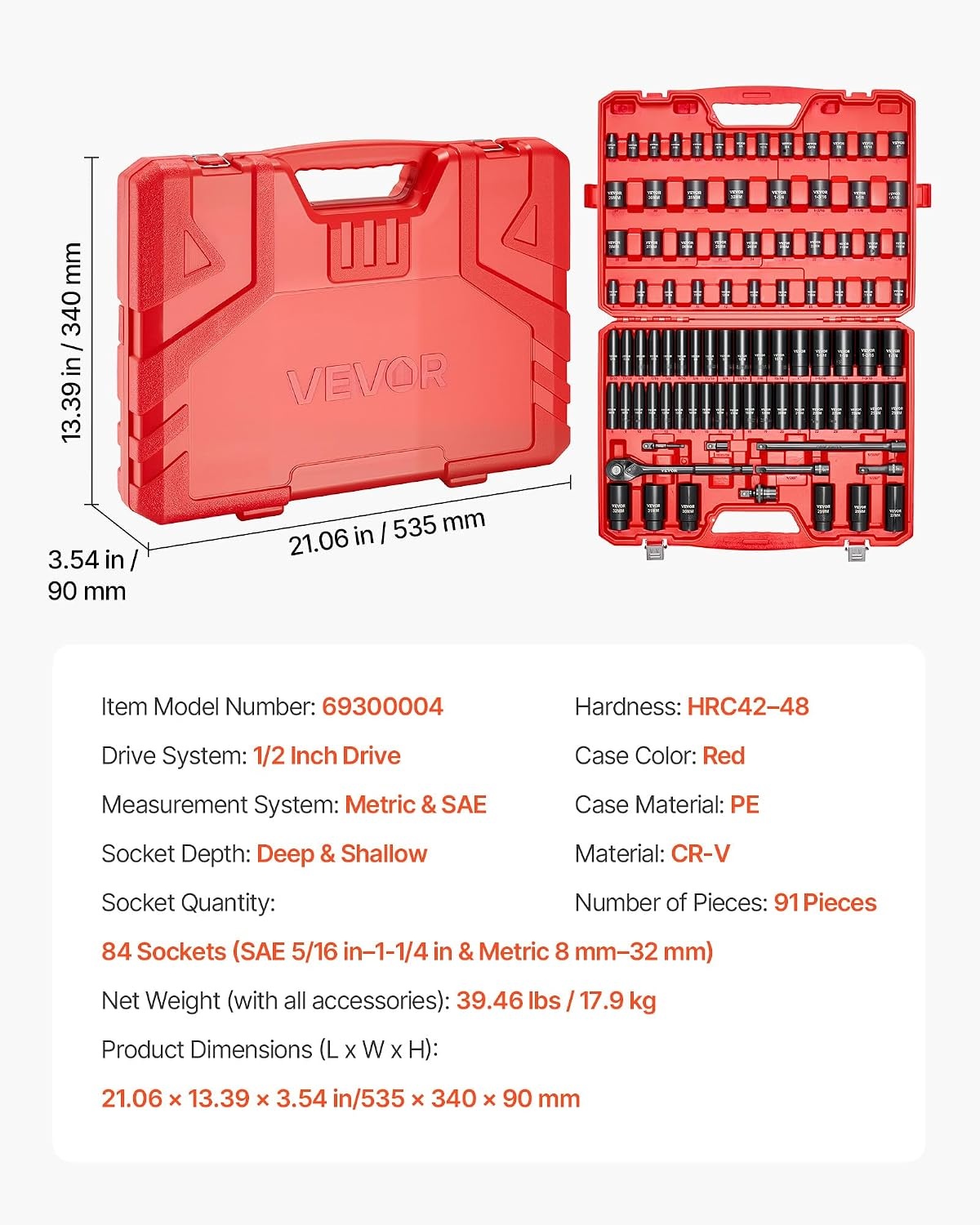 image:imageVEVOR Impact Socket Set 130 Piece 38 amp 12 SAE amp Metric Drive Socket Set 6 Point CrMo Alloy Steel for Auto Repair EasytoRead Size Markings Includes Storage Case12 91 PCS