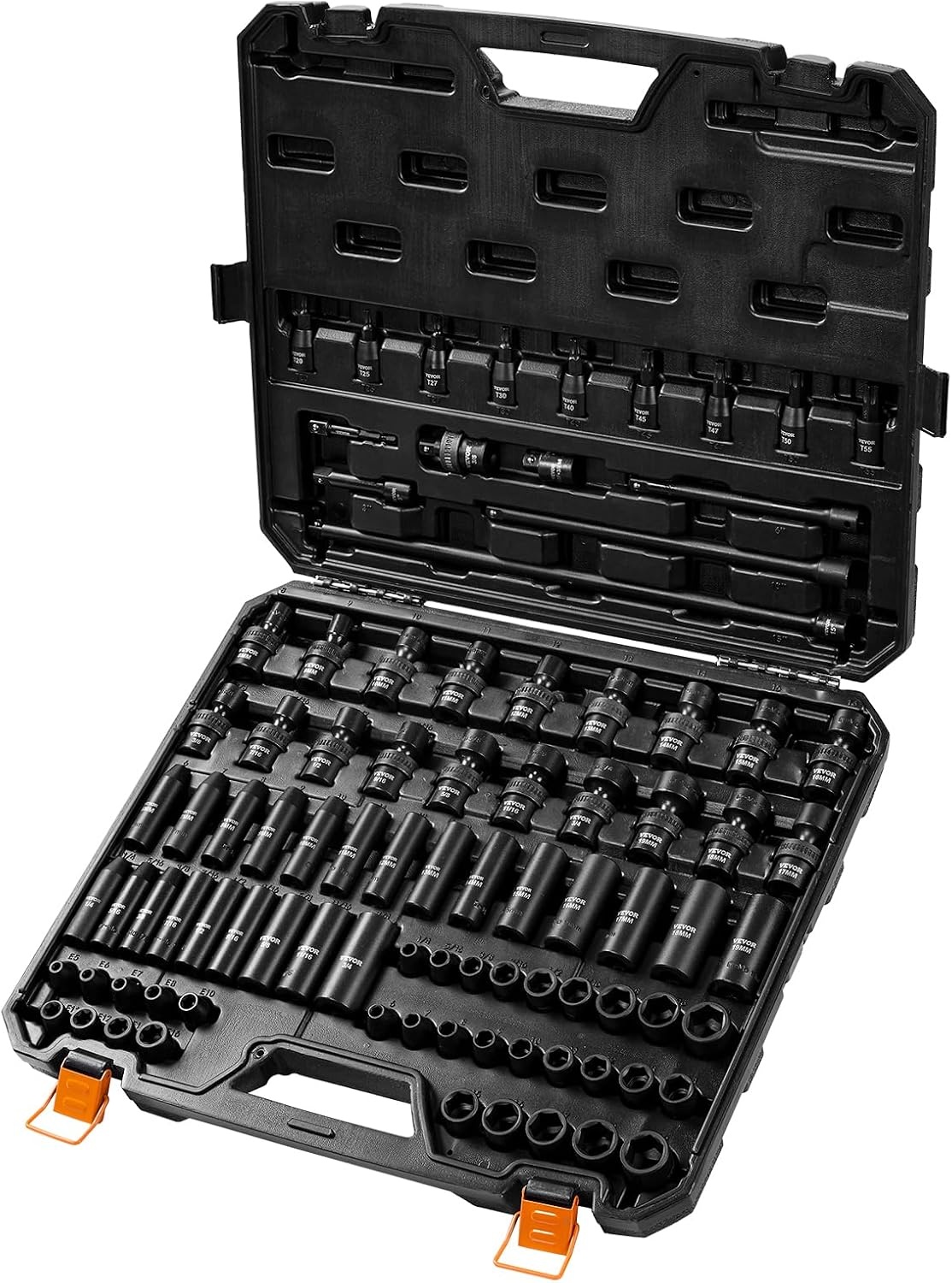 image:imageVEVOR Impact Socket Set 130 Piece 38 amp 12 SAE amp Metric Drive Socket Set 6 Point CrMo Alloy Steel for Auto Repair EasytoRead Size Markings Includes Storage Case38 90PCS Swivel CRMO