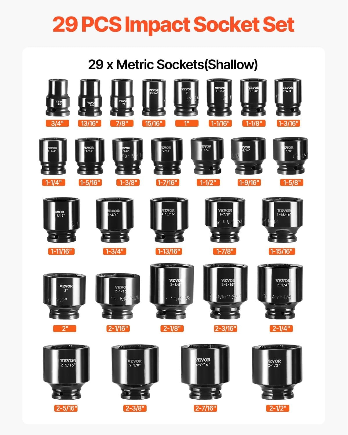 image:imageVEVOR Impact Socket Set 130 Piece 38 amp 12 SAE amp Metric Drive Socket Set 6 Point CrMo Alloy Steel for Auto Repair EasytoRead Size Markings Includes Storage Case34 29PCS CRMO