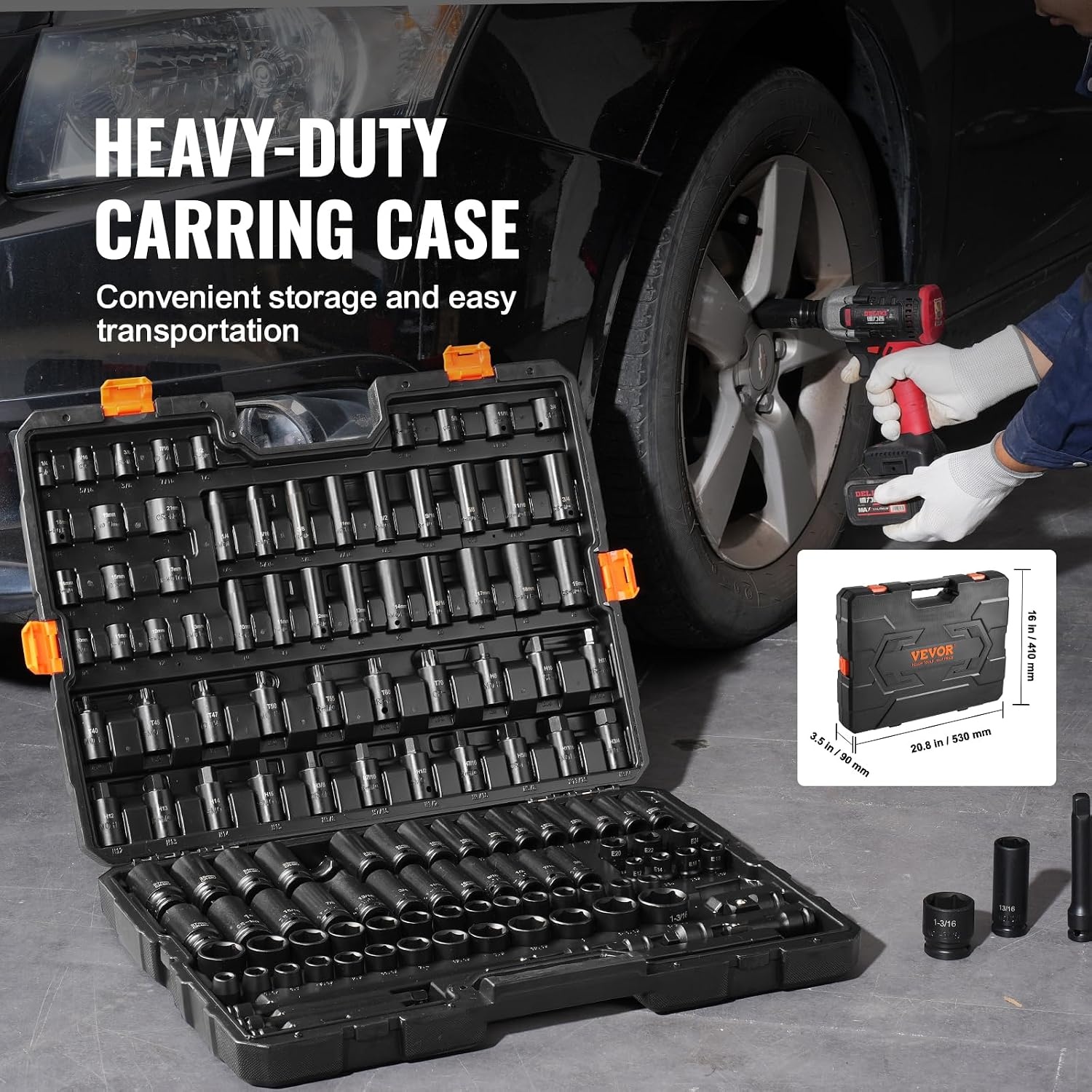 image:imageVEVOR Impact Socket Set 130 Piece 38 amp 12 SAE amp Metric Drive Socket Set 6 Point CrMo Alloy Steel for Auto Repair EasytoRead Size Markings Includes Storage Case12 38 130PCS CRMO