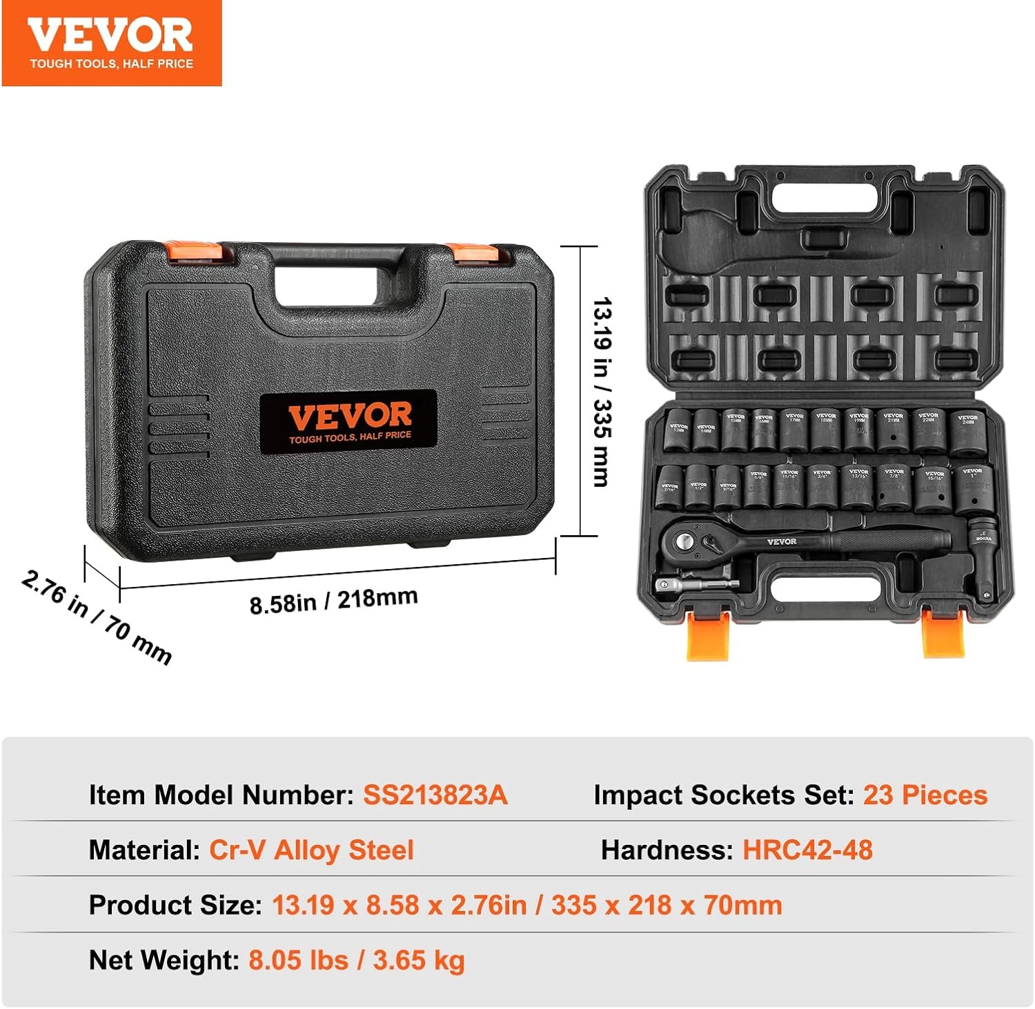 image:imageVEVOR Impact Socket Set 130 Piece 38 amp 12 SAE amp Metric Drive Socket Set 6 Point CrMo Alloy Steel for Auto Repair EasytoRead Size Markings Includes Storage Case12 23PCS