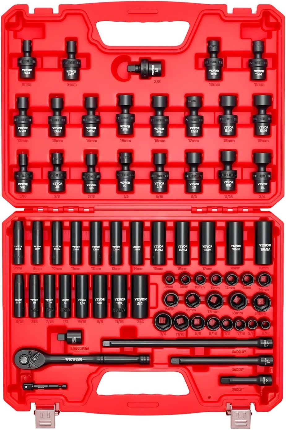 image:imageVEVOR Impact Socket Set 130 Piece 38 amp 12 SAE amp Metric Drive Socket Set 6 Point CrMo Alloy Steel for Auto Repair EasytoRead Size Markings Includes Storage Case38 67 PCS Swivel CRMO