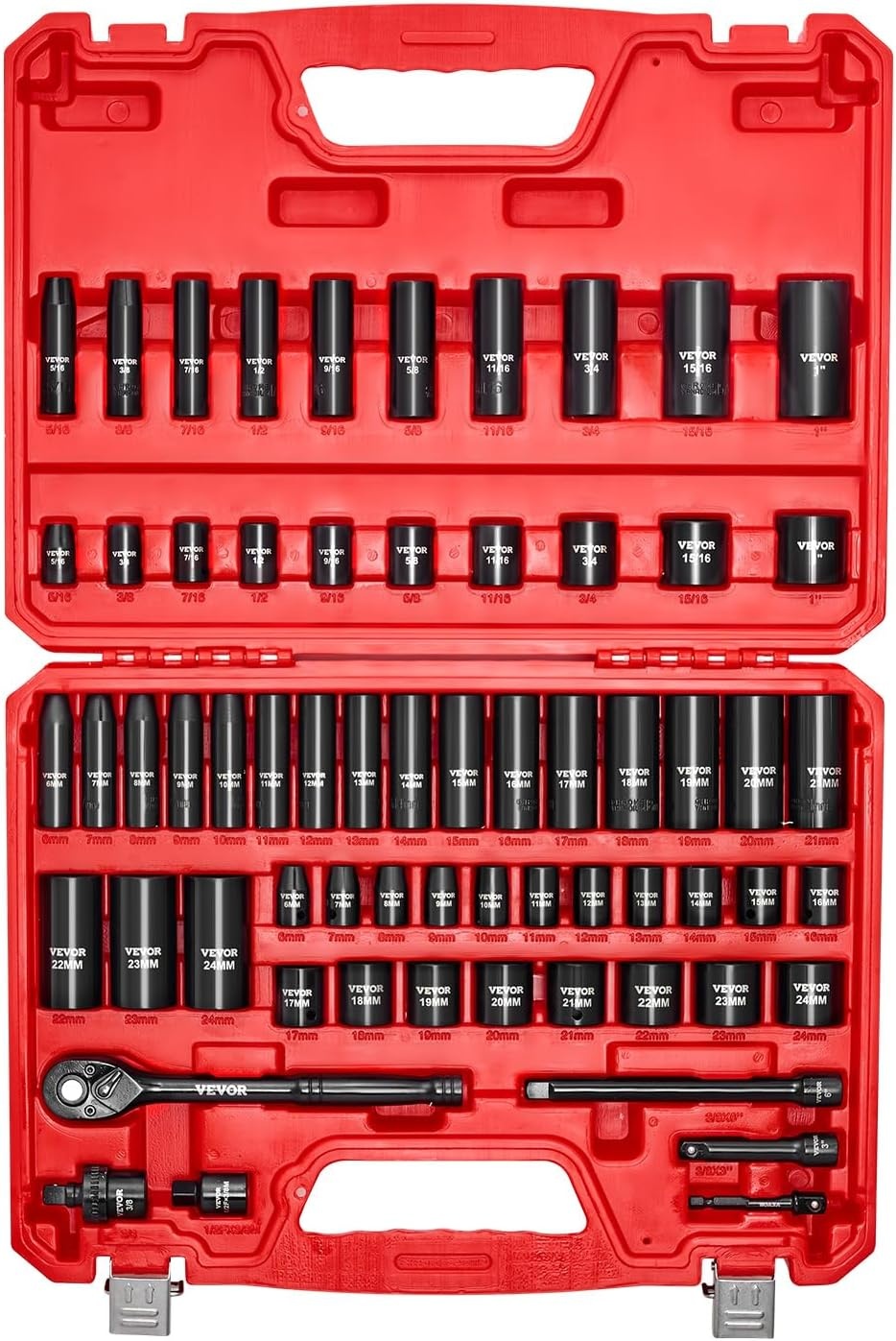 image:imageVEVOR Impact Socket Set 130 Piece 38 amp 12 SAE amp Metric Drive Socket Set 6 Point CrMo Alloy Steel for Auto Repair EasytoRead Size Markings Includes Storage Case38 64 PCS