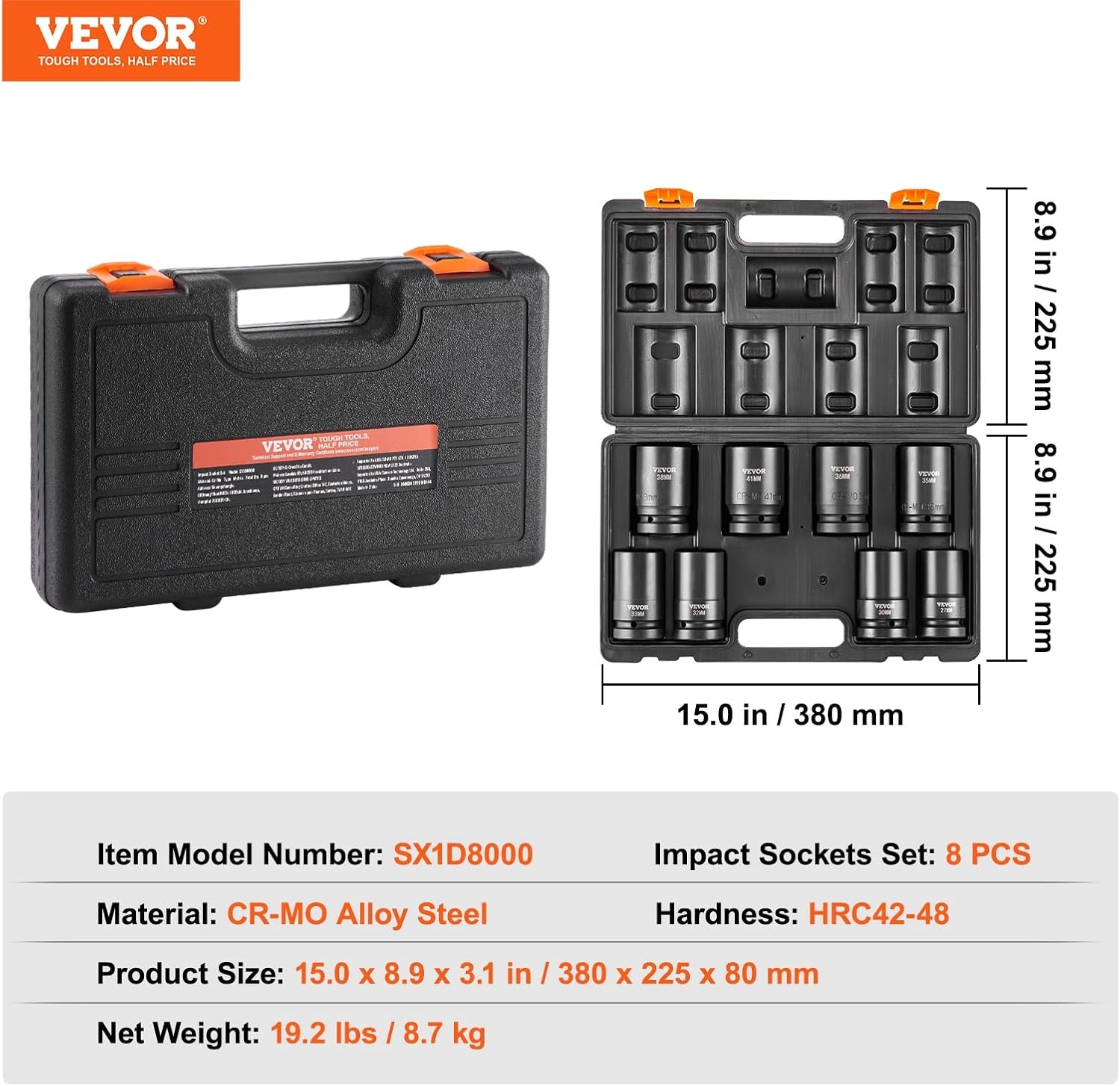 image:imageVEVOR Impact Socket Set 130 Piece 38 amp 12 SAE amp Metric Drive Socket Set 6 Point CrMo Alloy Steel for Auto Repair EasytoRead Size Markings Includes Storage Case1 8PCS CRMO