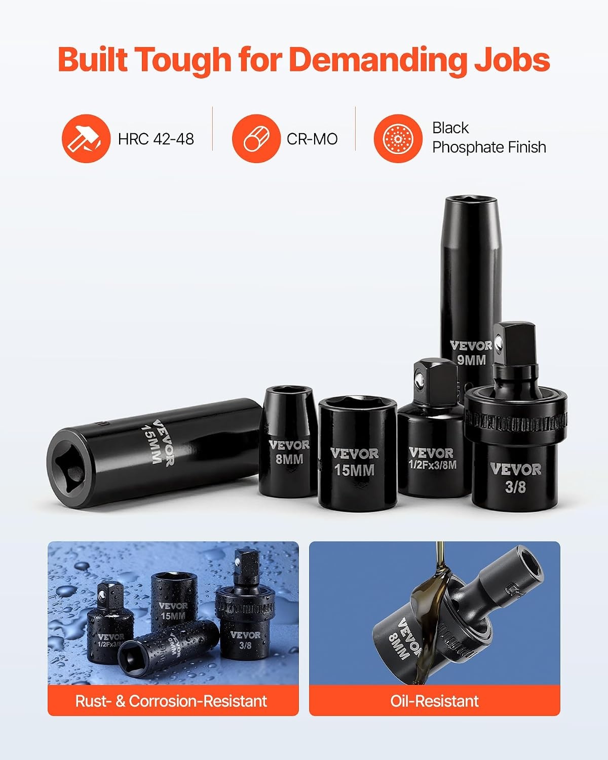 image:imageVEVOR Impact Socket Set 130 Piece 38 amp 12 SAE amp Metric Drive Socket Set 6 Point CrMo Alloy Steel for Auto Repair EasytoRead Size Markings Includes Storage Case38 67 PCS Swivel CRMO