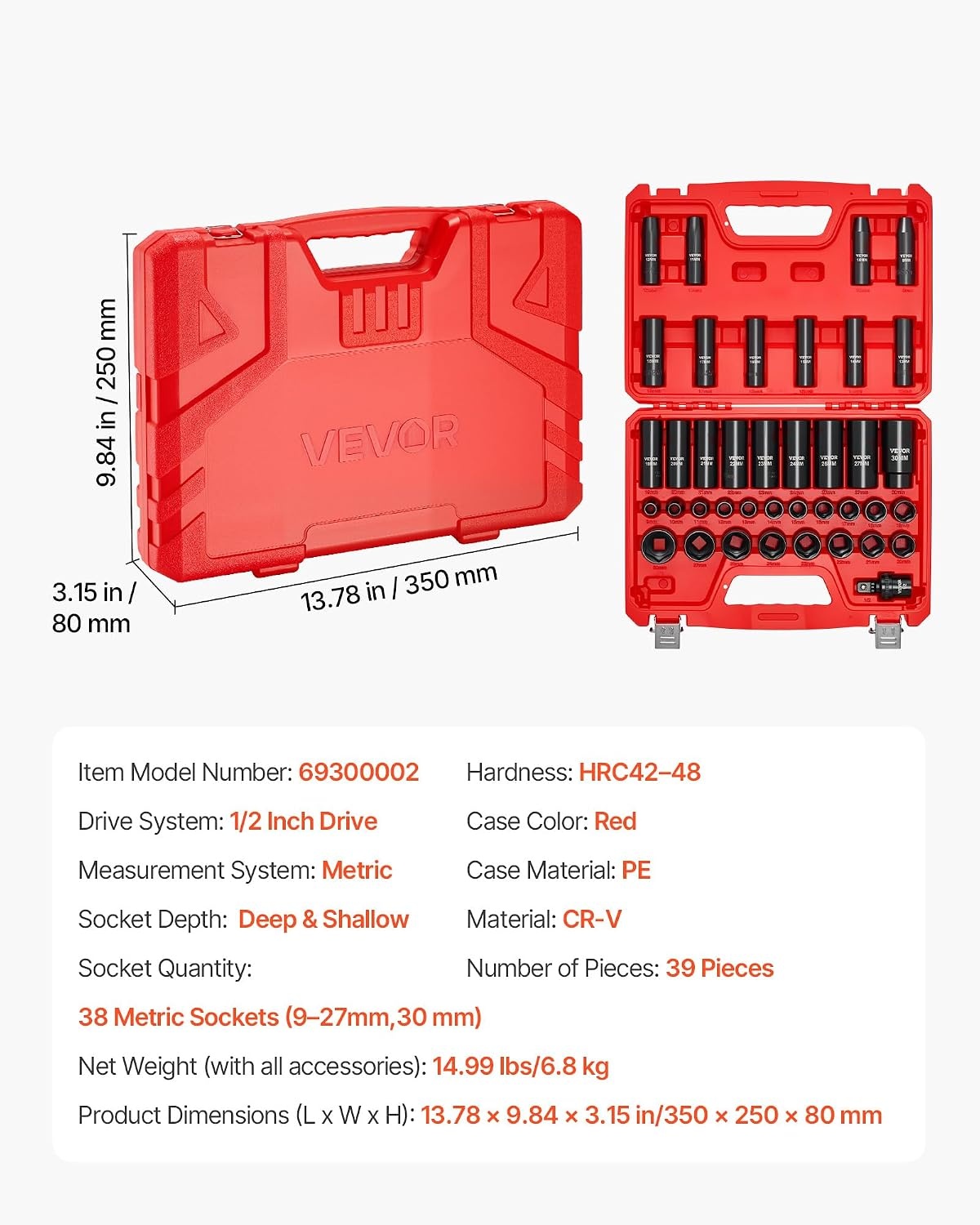 image:imageVEVOR Impact Socket Set 130 Piece 38 amp 12 SAE amp Metric Drive Socket Set 6 Point CrMo Alloy Steel for Auto Repair EasytoRead Size Markings Includes Storage Case12 39 PCS