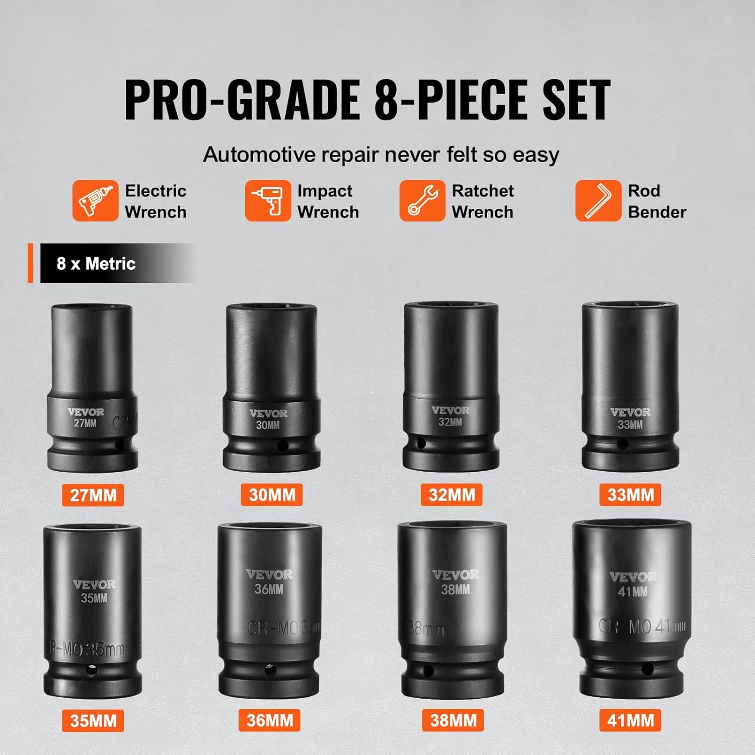 image:imageVEVOR Impact Socket Set 130 Piece 38 amp 12 SAE amp Metric Drive Socket Set 6 Point CrMo Alloy Steel for Auto Repair EasytoRead Size Markings Includes Storage Case1 8PCS CRMO