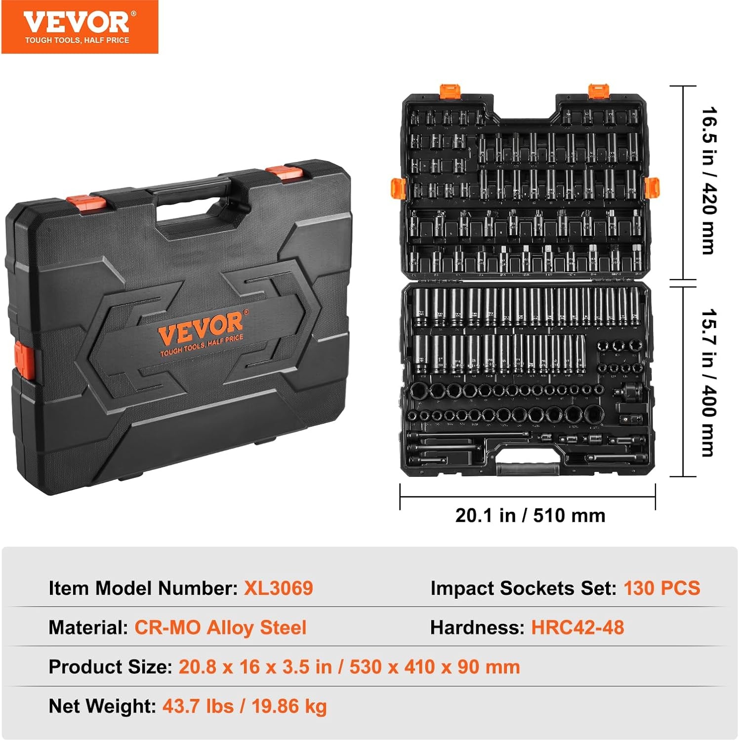 image:imageVEVOR Impact Socket Set 130 Piece 38 amp 12 SAE amp Metric Drive Socket Set 6 Point CrMo Alloy Steel for Auto Repair EasytoRead Size Markings Includes Storage Case12 38 130PCS CRMO