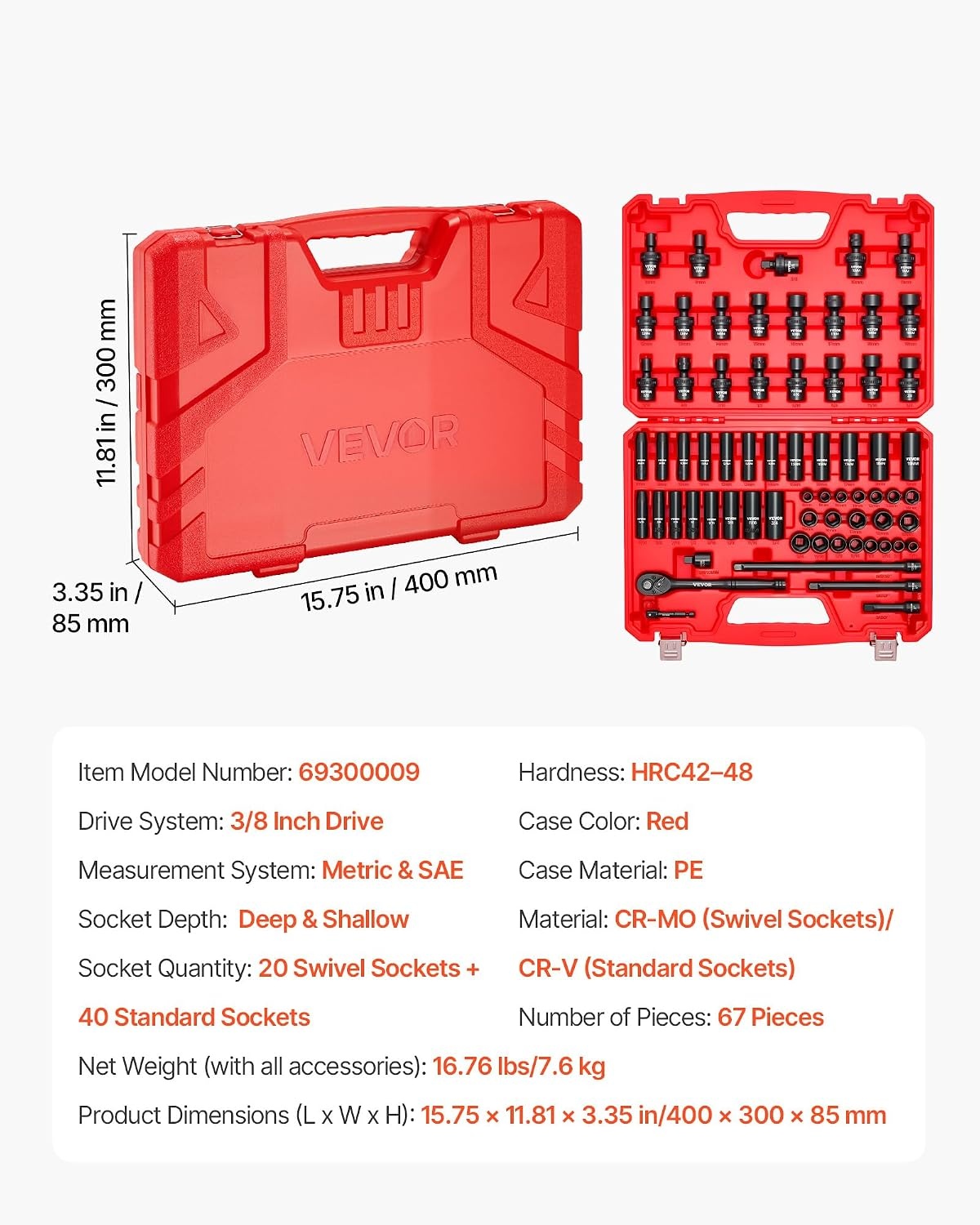 image:imageVEVOR Impact Socket Set 130 Piece 38 amp 12 SAE amp Metric Drive Socket Set 6 Point CrMo Alloy Steel for Auto Repair EasytoRead Size Markings Includes Storage Case38 67 PCS Swivel CRMO