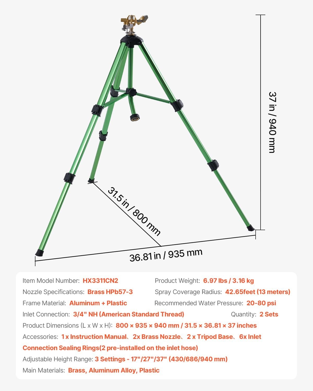 image:imageVEVOR Impact Sprinkler on Tripod Base Heavy Duty Tripod Sprinklers with Brass Head amp 34 Connector 360 Degree Large Area Coverage Irrigation Sprinkler Adjustable Heights for Yard Green2PC