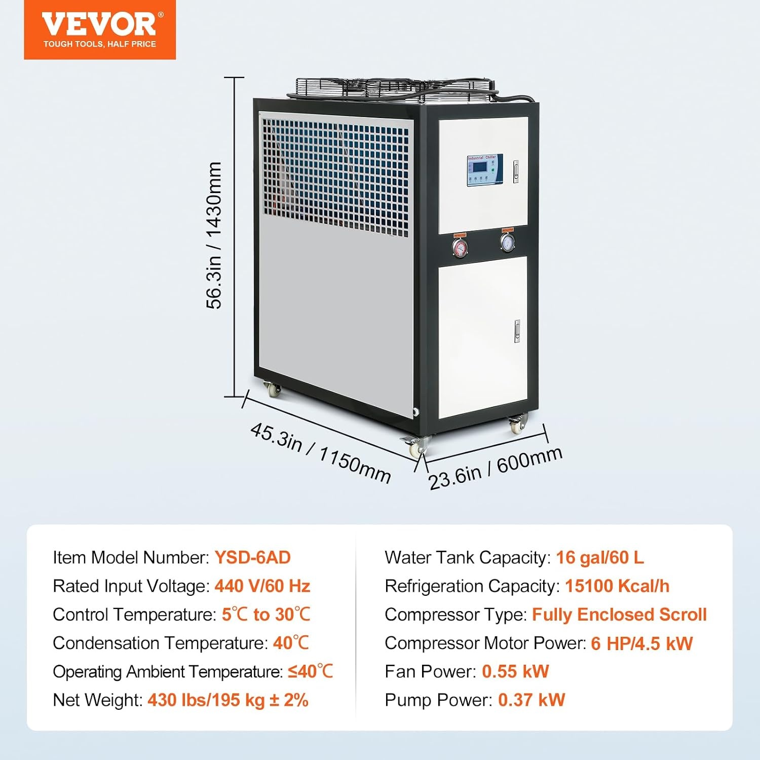 image:imageVEVOR Industrial Water Chiller 60L Capacity 94Hp AirCooled Chiller with Finned Condenser MicroComputer Control Stainless Steel Tank