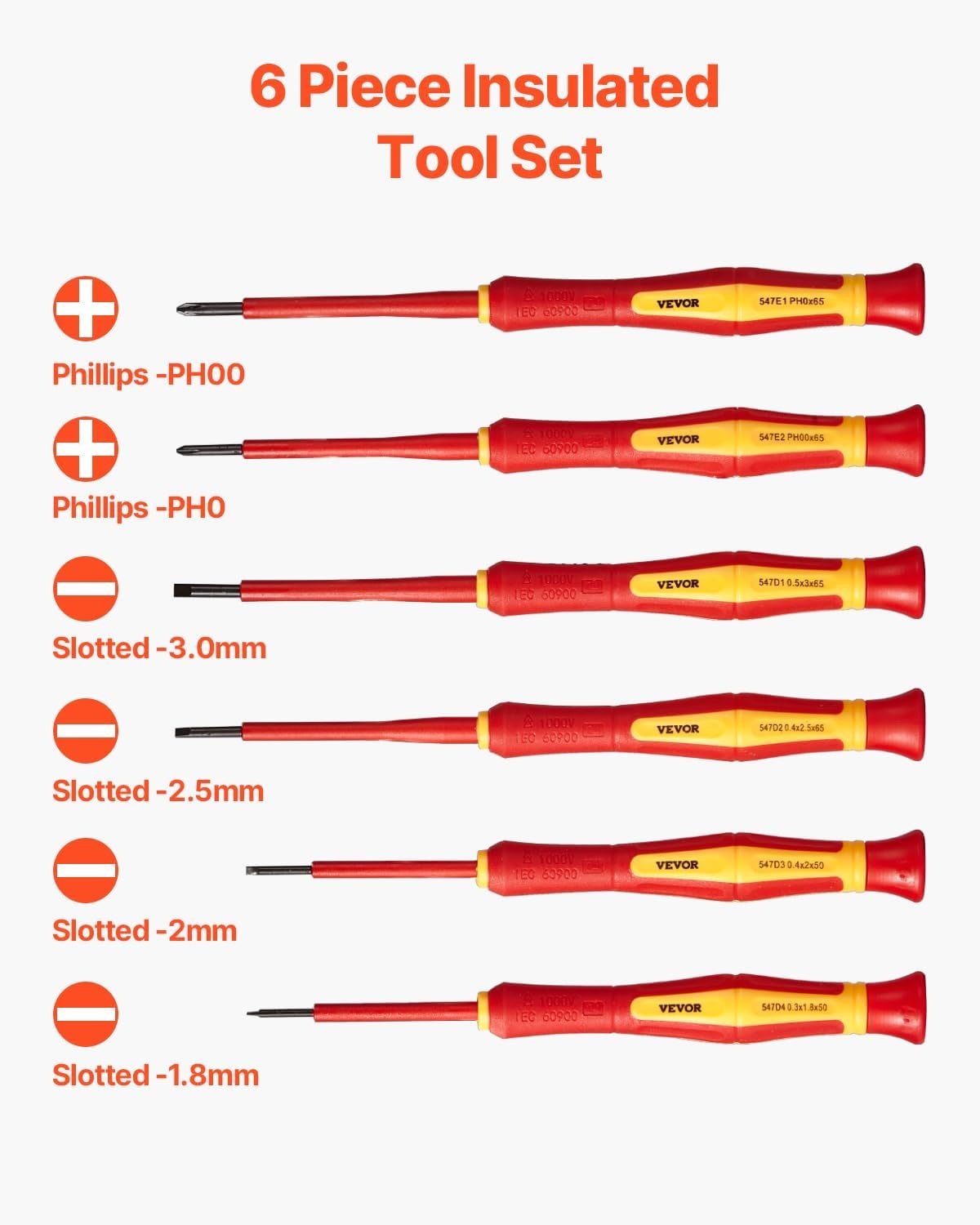 image:imageVEVOR Insulated Screwdriver Set 13Piece Professional Electrical Screwdriver Set 1000V Insulated Electrician Tool Set with Magnetic Phillips Slotted Pozi Torx Tips Screwdrivers for Electricians6pcs