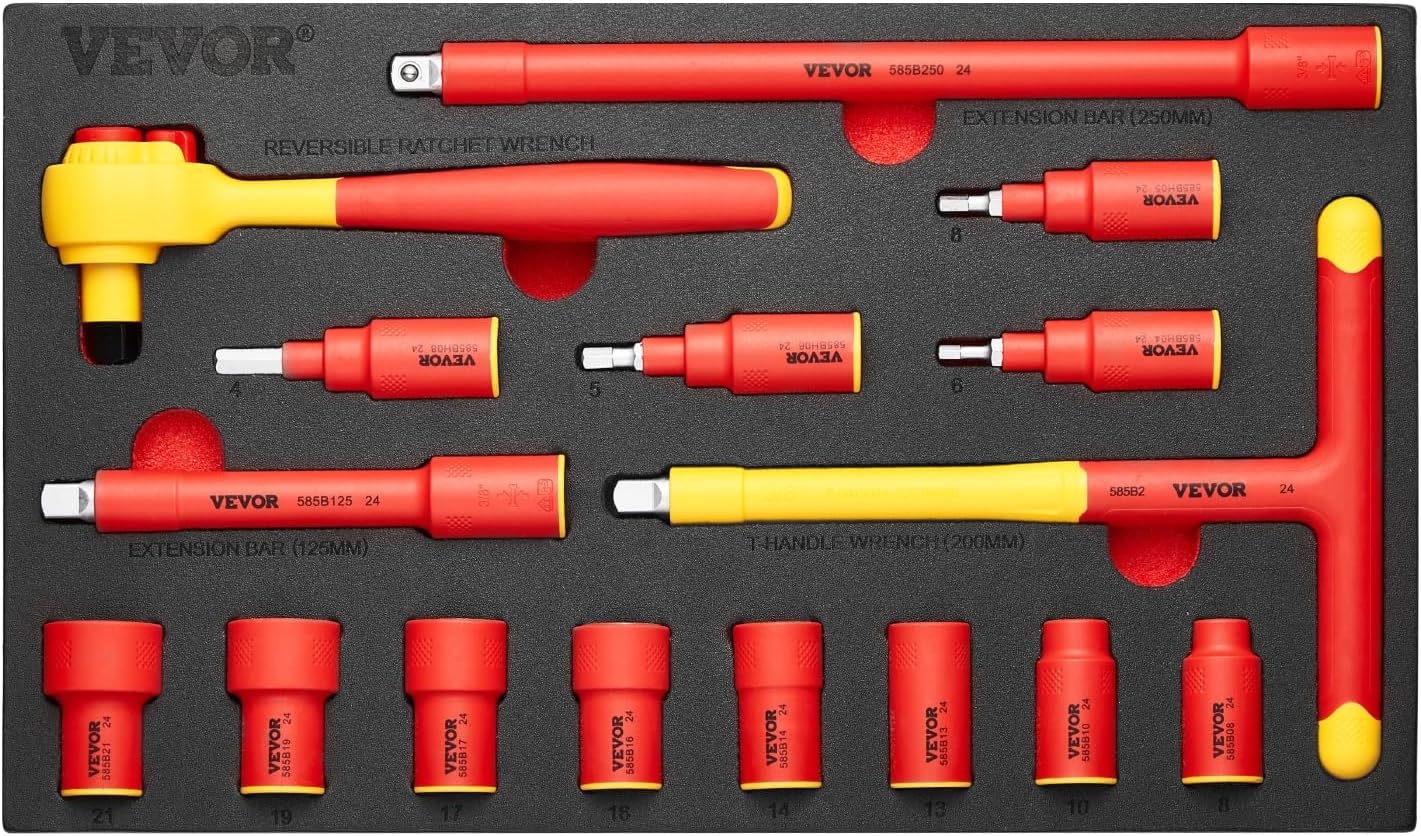 image:imageVEVOR Insulated Socket Set 16Piece Insulated Wrench Tool Set 1000V Insulated Socket Tool with Insulated Sockets Insulated THandle Wrench Drive Rachet Extensions for Electricians Home Repair16 pezzi