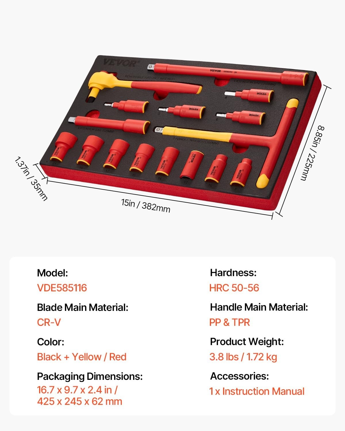 image:imageVEVOR Insulated Socket Set 16Piece Insulated Wrench Tool Set 1000V Insulated Socket Tool with Insulated Sockets Insulated THandle Wrench Drive Rachet Extensions for Electricians Home Repair16 pezzi
