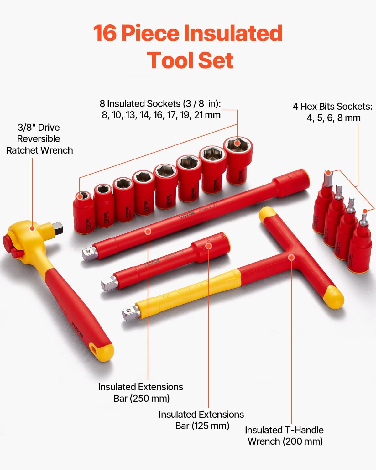 image:imageVEVOR Insulated Socket Set 16Piece Insulated Wrench Tool Set 1000V Insulated Socket Tool with Insulated Sockets Insulated THandle Wrench Drive Rachet Extensions for Electricians Home Repair16 pezzi