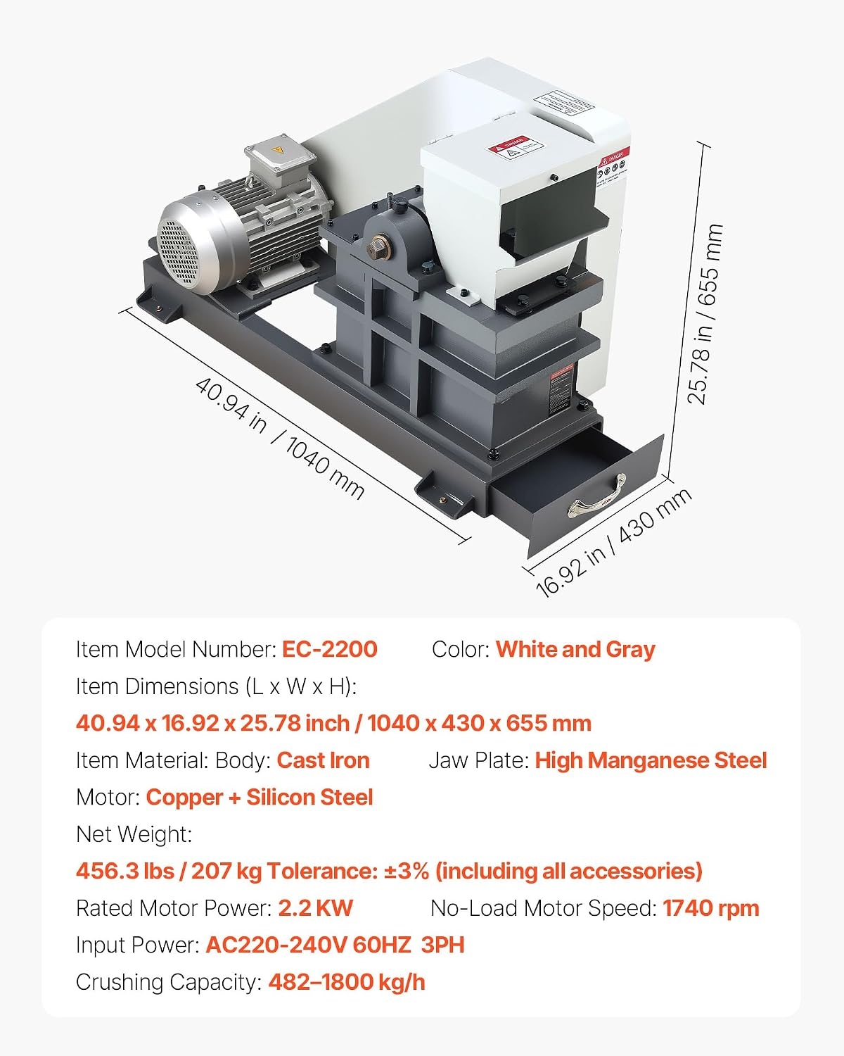 image:imageVEVOR Jaw Crusher Machine 22KW High Power Rock Stone Crush Machine 610 x 512 inch Feeding Port 1740 RPM Speed Stone Shatter Grinder Electric Stone Shatter 220V for Rock Coal Glass Bottle
