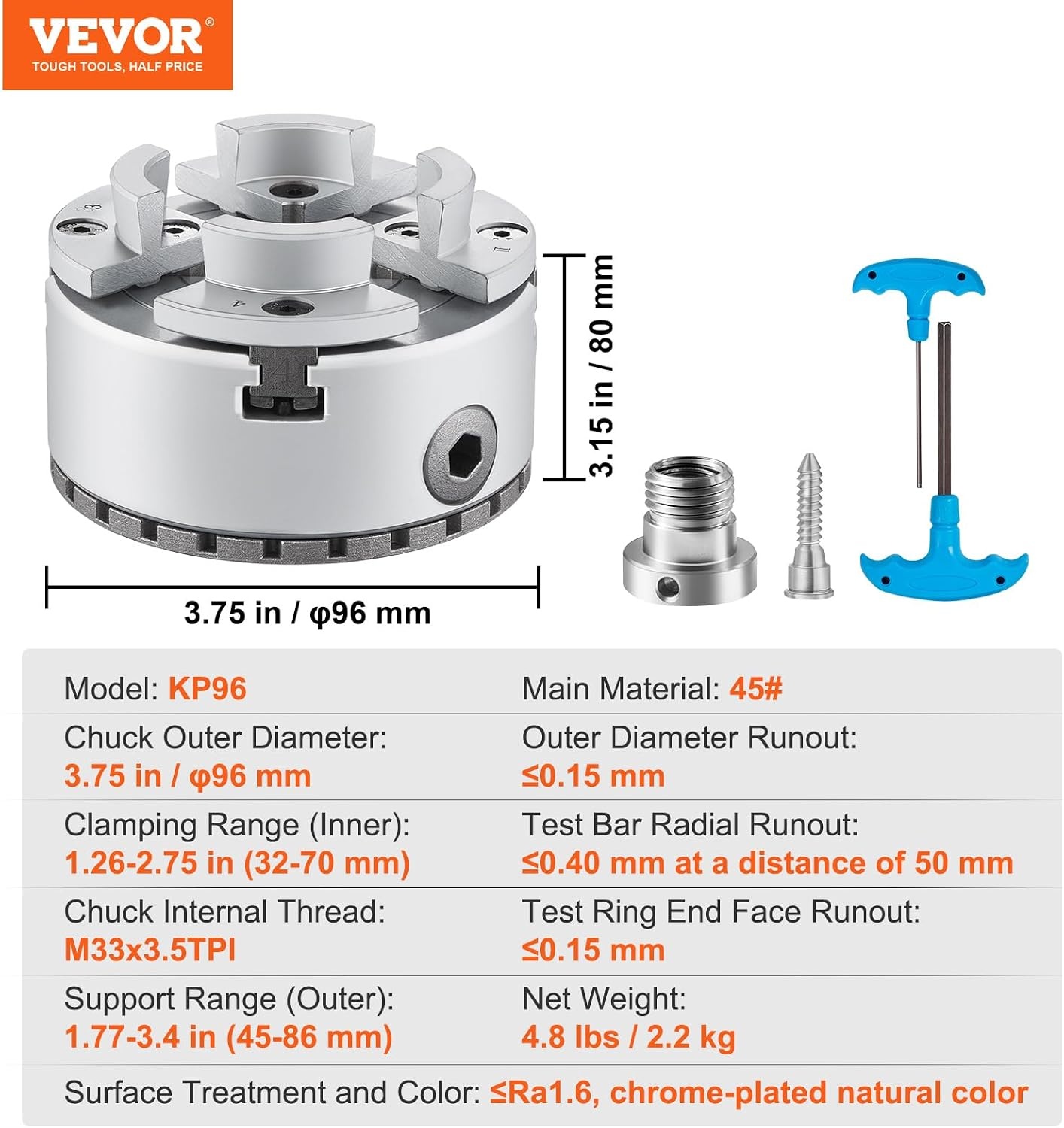 image:imageVEVOR KP96 Lathe Chuck 4Jaw 375 Diameter Metal Lathe Chuck Turning Machine Accessories Selfcentering Tool for Lathe Precision Machining Grinding Machines Milling Machines375 In