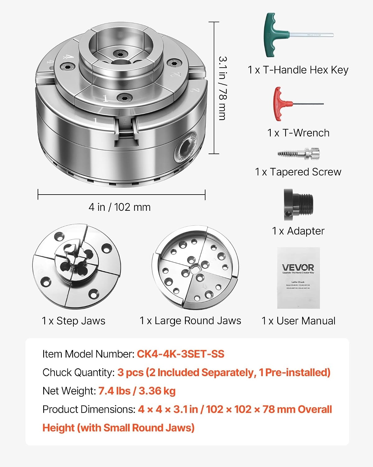 image:imageVEVOR KP96 Lathe Chuck 4Jaw 375 Diameter Metal Lathe Chuck Turning Machine Accessories Selfcentering Tool for Lathe Precision Machining Grinding Machines Milling Machines4in