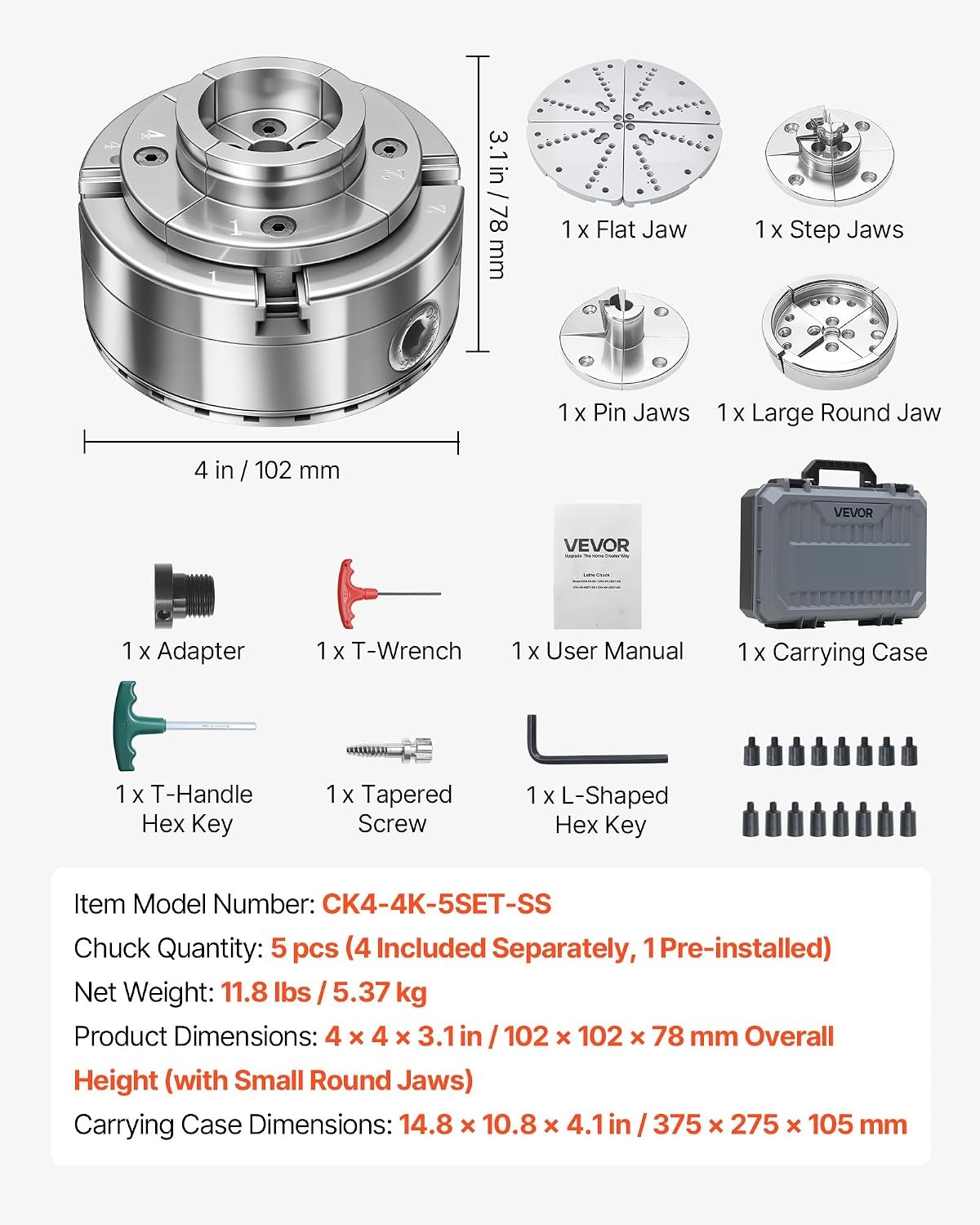 image:imageVEVOR KP96 Lathe Chuck 4Jaw 375 Diameter Metal Lathe Chuck Turning Machine Accessories Selfcentering Tool for Lathe Precision Machining Grinding Machines Milling Machines4in