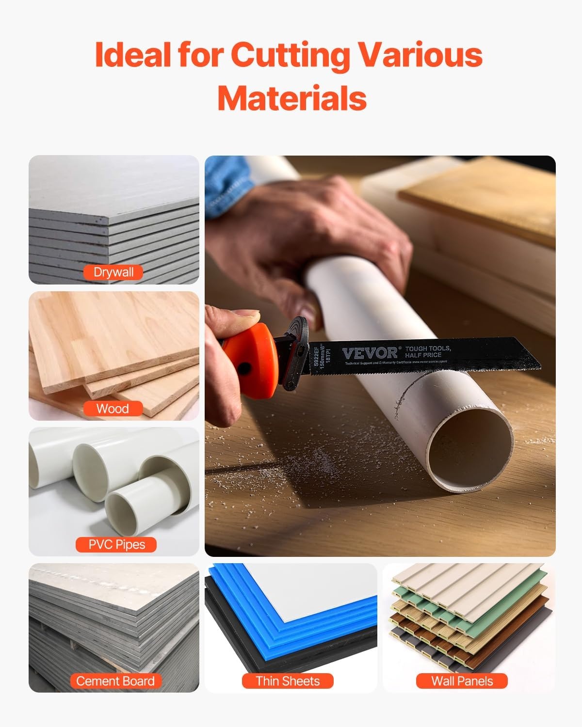 image:imageVEVOR Keyhole Saw 6 in Soft Grip Handle 8in1 MultiBlades Drywall Triple Ground Teeth for Cutting Drywall Wood Metel Plastic Plywood Wallboard Thin Sheet6 inch