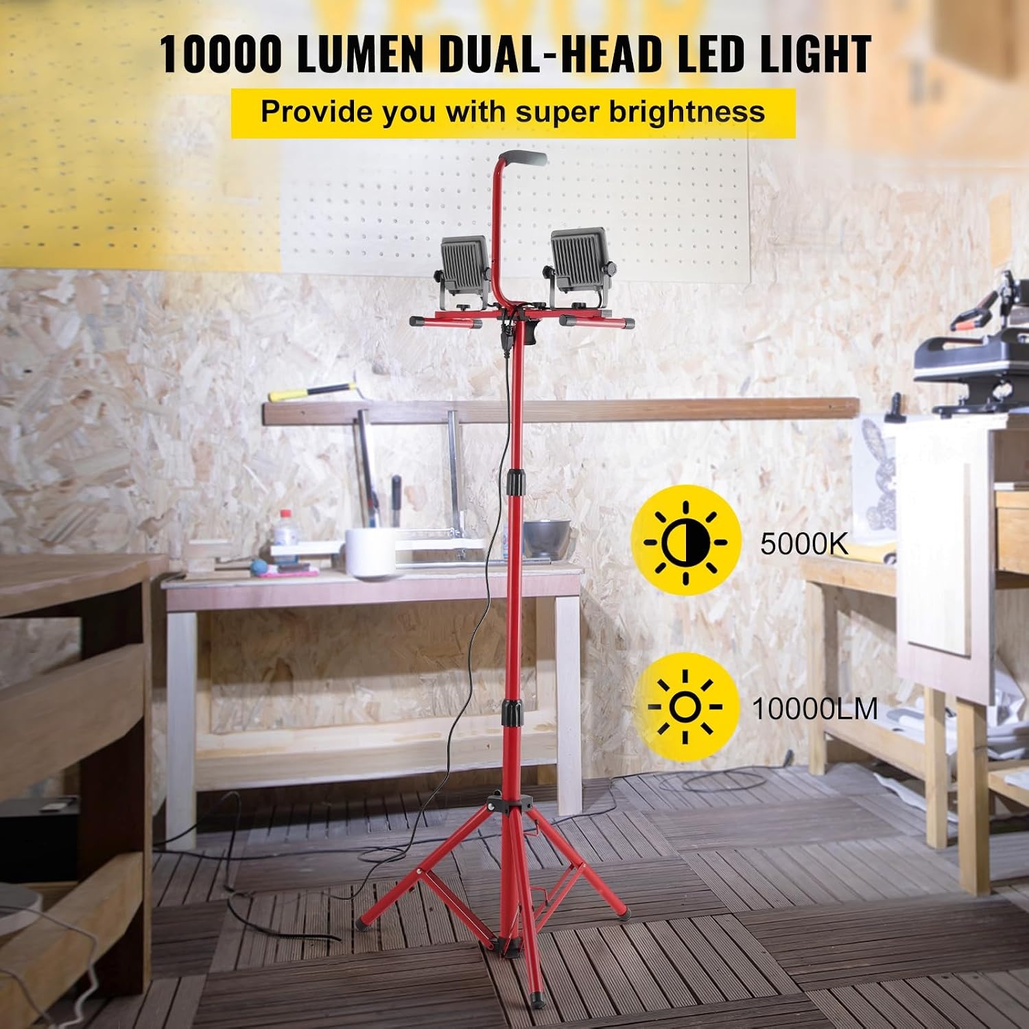 image:imageVEVOR LED Work Light with Stand 132Ah Rechargeable Cordless Camping Light with 3 Lamp Heads Detachable Tripod Stand 2200 Lumens 3000K6500K Dimmable Portable Construction Lighting for Job Site5000 LM Corded 1 Pack