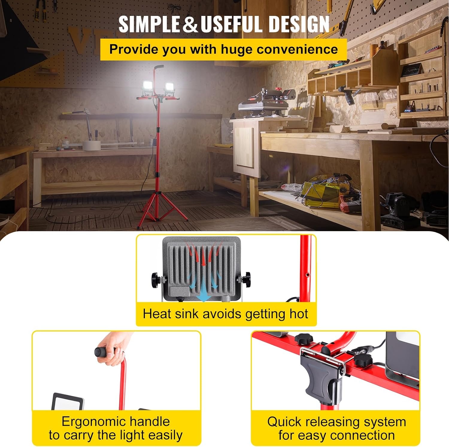 image:imageVEVOR LED Work Light with Stand 132Ah Rechargeable Cordless Camping Light with 3 Lamp Heads Detachable Tripod Stand 2200 Lumens 3000K6500K Dimmable Portable Construction Lighting for Job Site5000 LM Corded 1 Pack