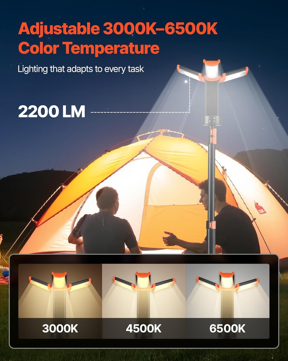 image:imageVEVOR LED Work Light with Stand 132Ah Rechargeable Cordless Camping Light with 3 Lamp Heads Detachable Tripod Stand 2200 Lumens 3000K6500K Dimmable Portable Construction Lighting for Job Site2200 LM 8Ah 1 Pack