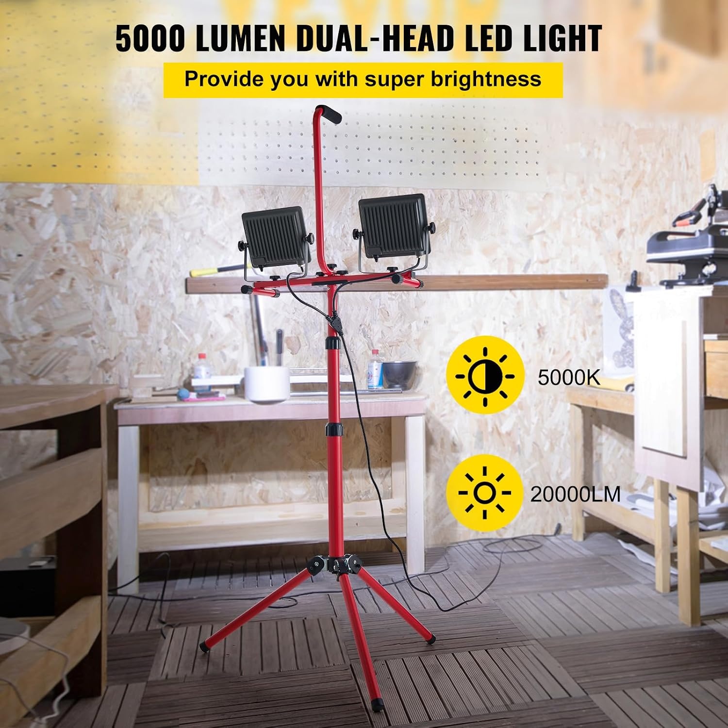 image:imageVEVOR LED Work Light with Stand 132Ah Rechargeable Cordless Camping Light with 3 Lamp Heads Detachable Tripod Stand 2200 Lumens 3000K6500K Dimmable Portable Construction Lighting for Job Site20000 LM Corded 1 Pack
