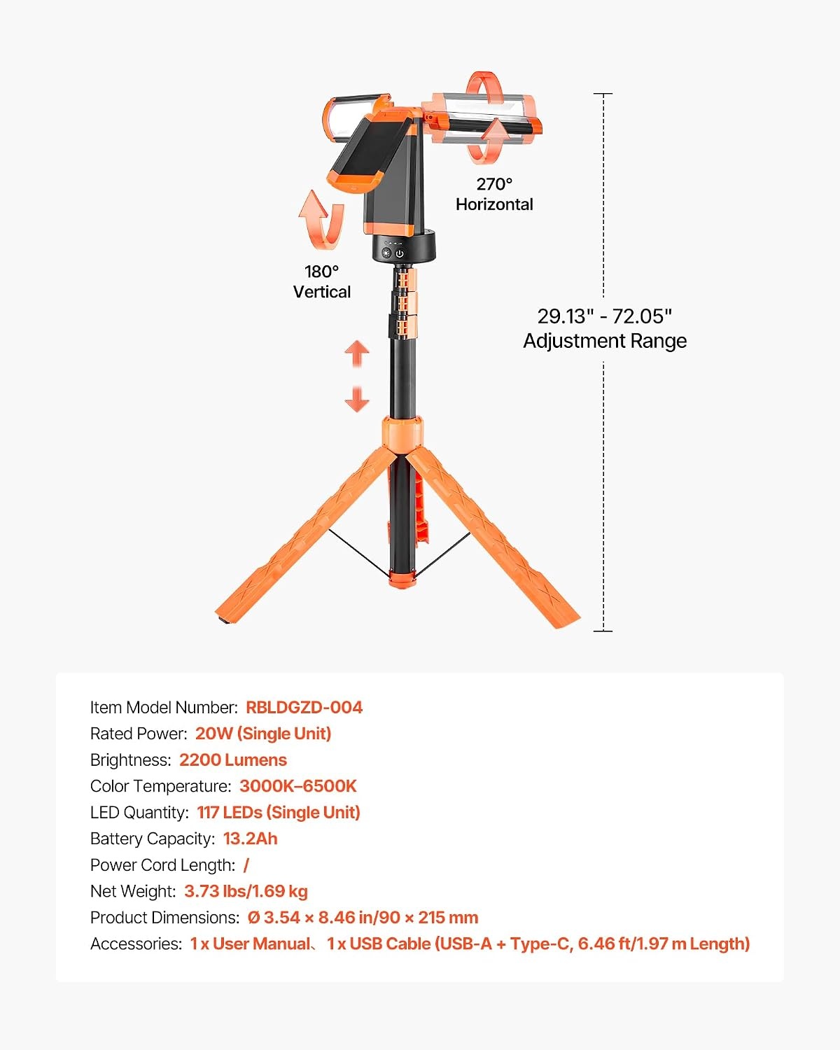 image:imageVEVOR LED Work Light with Stand 132Ah Rechargeable Cordless Camping Light with 3 Lamp Heads Detachable Tripod Stand 2200 Lumens 3000K6500K Dimmable Portable Construction Lighting for Job Site2200 LM 132Ah 1 Pack