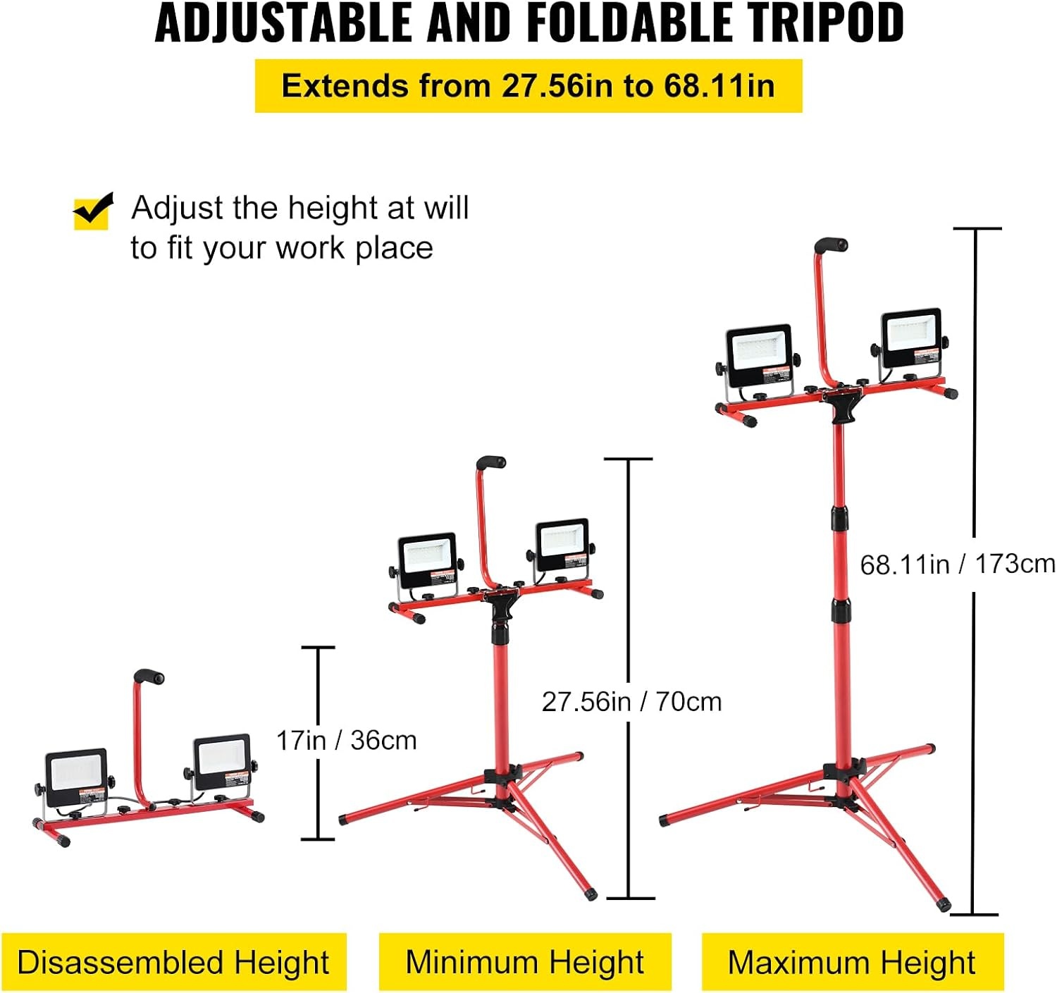 image:imageVEVOR LED Work Light with Stand 132Ah Rechargeable Cordless Camping Light with 3 Lamp Heads Detachable Tripod Stand 2200 Lumens 3000K6500K Dimmable Portable Construction Lighting for Job Site5000 LM Corded 1 Pack
