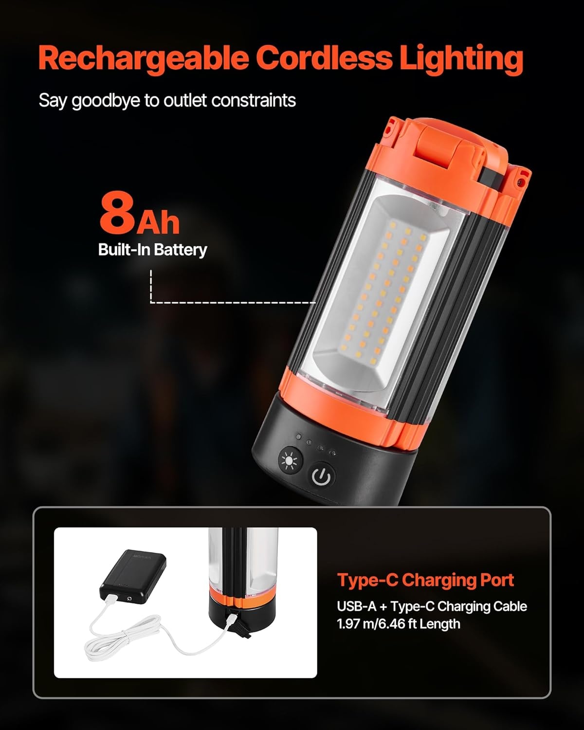 image:imageVEVOR LED Work Light with Stand 132Ah Rechargeable Cordless Camping Light with 3 Lamp Heads Detachable Tripod Stand 2200 Lumens 3000K6500K Dimmable Portable Construction Lighting for Job Site2200 LM 8Ah 1 Pack